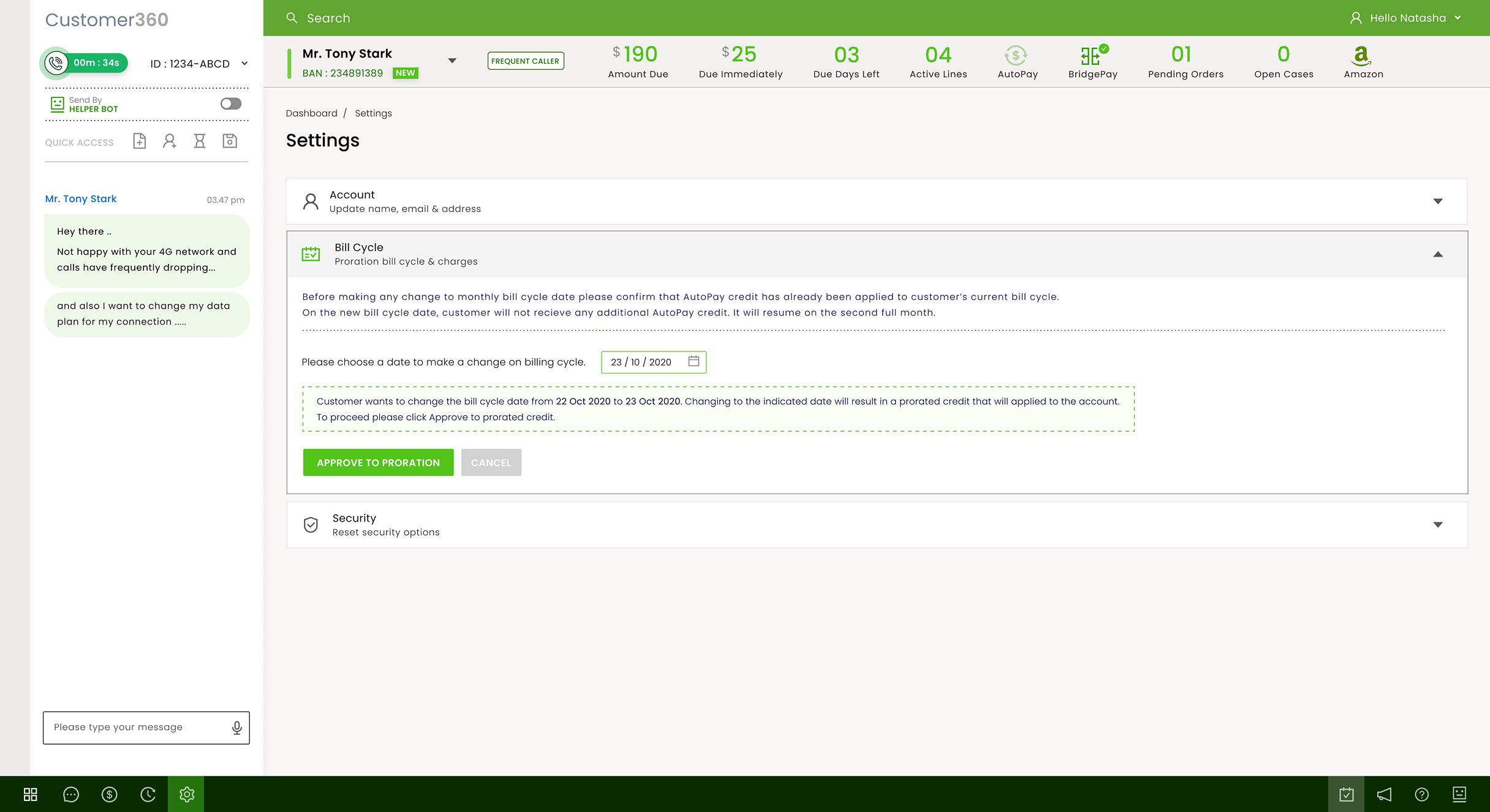 The Settings screen with the Bill Cycle panel open, showing the new date, the prorated credit message and an Approve to proration button