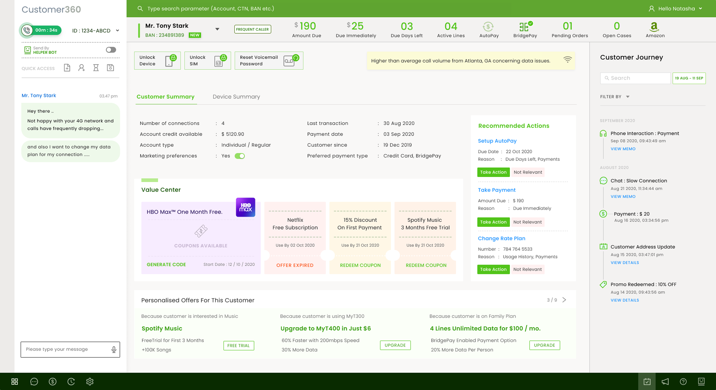 The Customer360 console: a live chat on the left, customer summary, value center and personalised offers in the middle, and recommended actions and customer journey on the right
