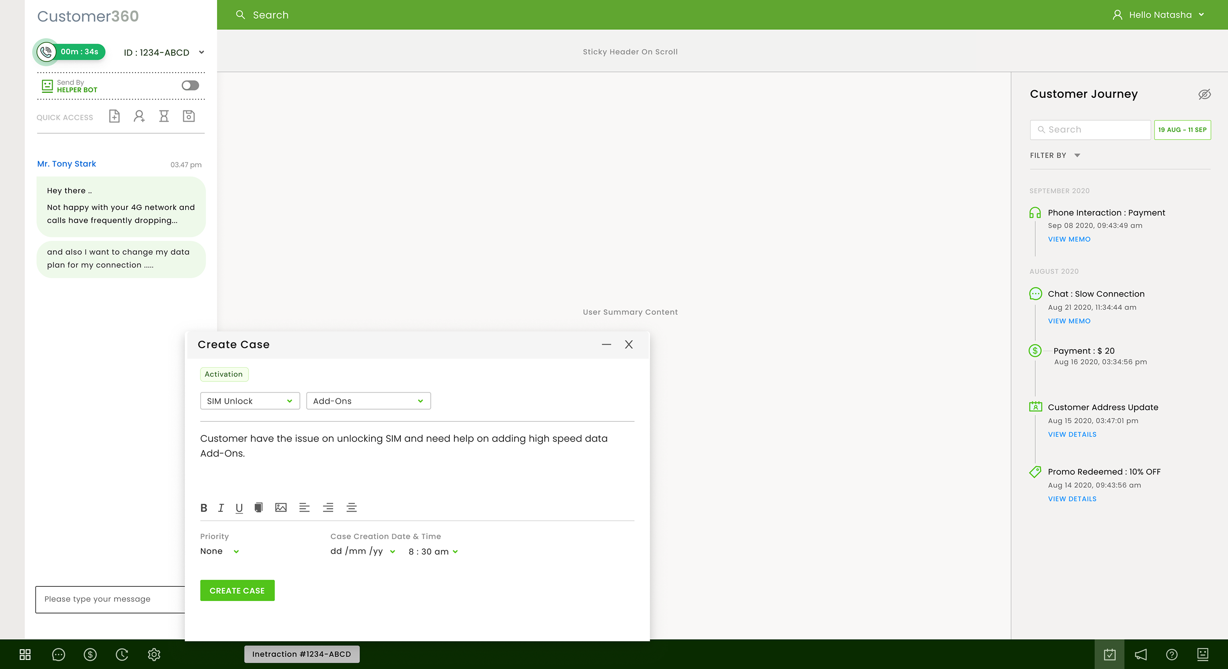 A Create Case form open over the console with the customer journey still visible, and the open interaction shown as a tab in the bottom bar