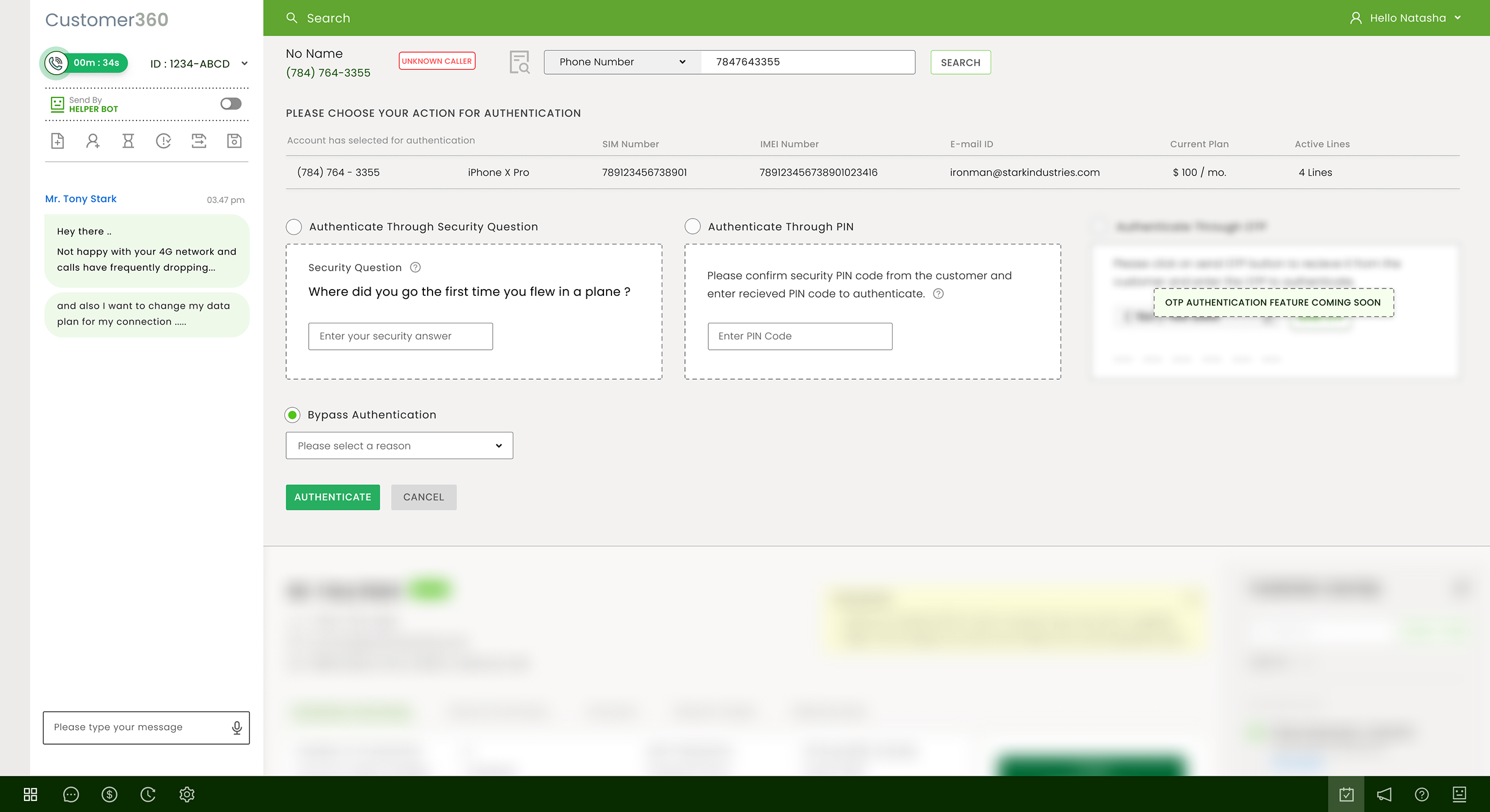 The authentication step for an unknown caller: a security question, a PIN code and an OTP option marked as coming soon, with Authenticate and Cancel buttons