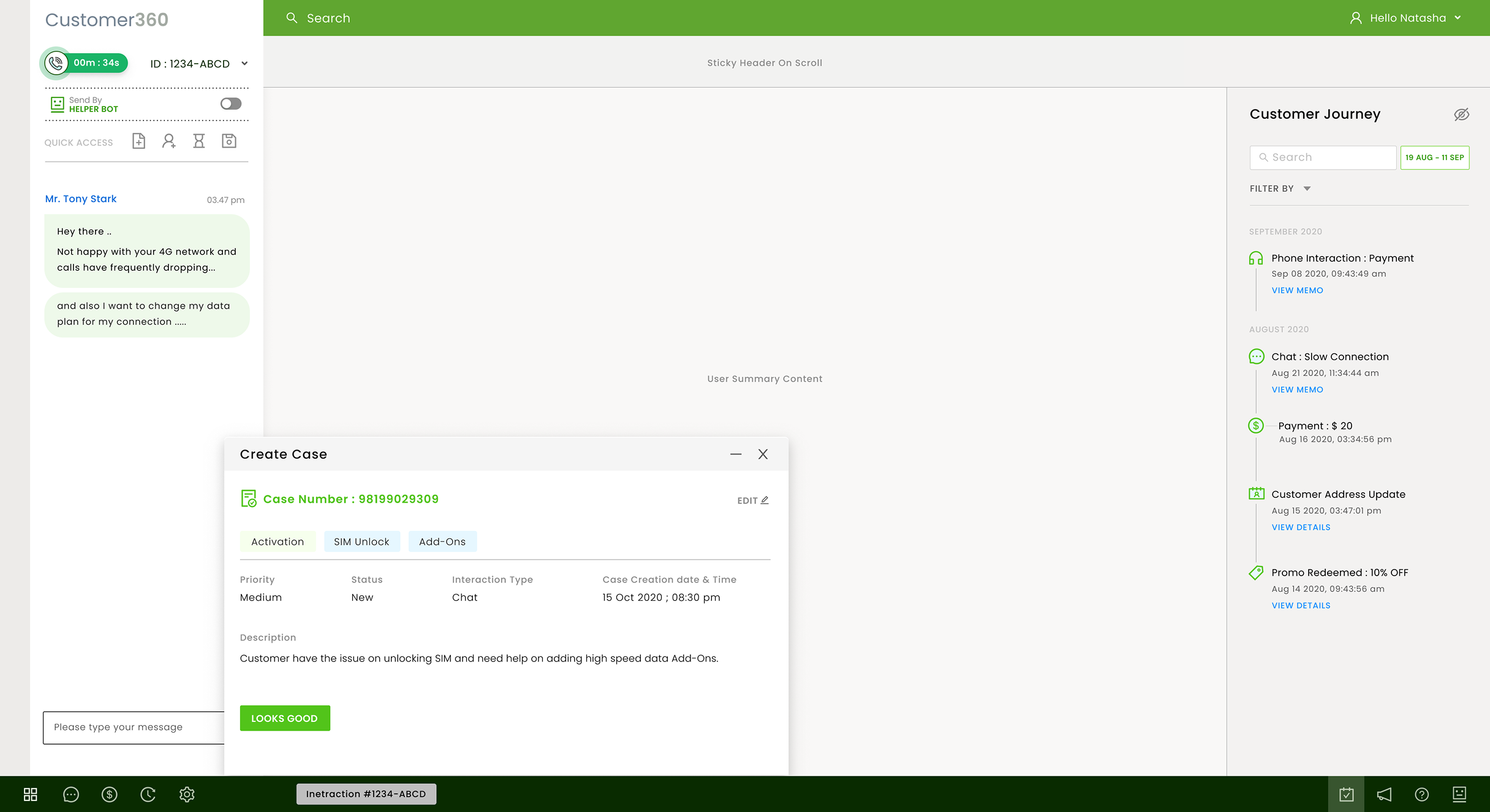 A Create Case form open as a tab above the bottom bar of the console, showing the case number, its details, the description and a Looks good button