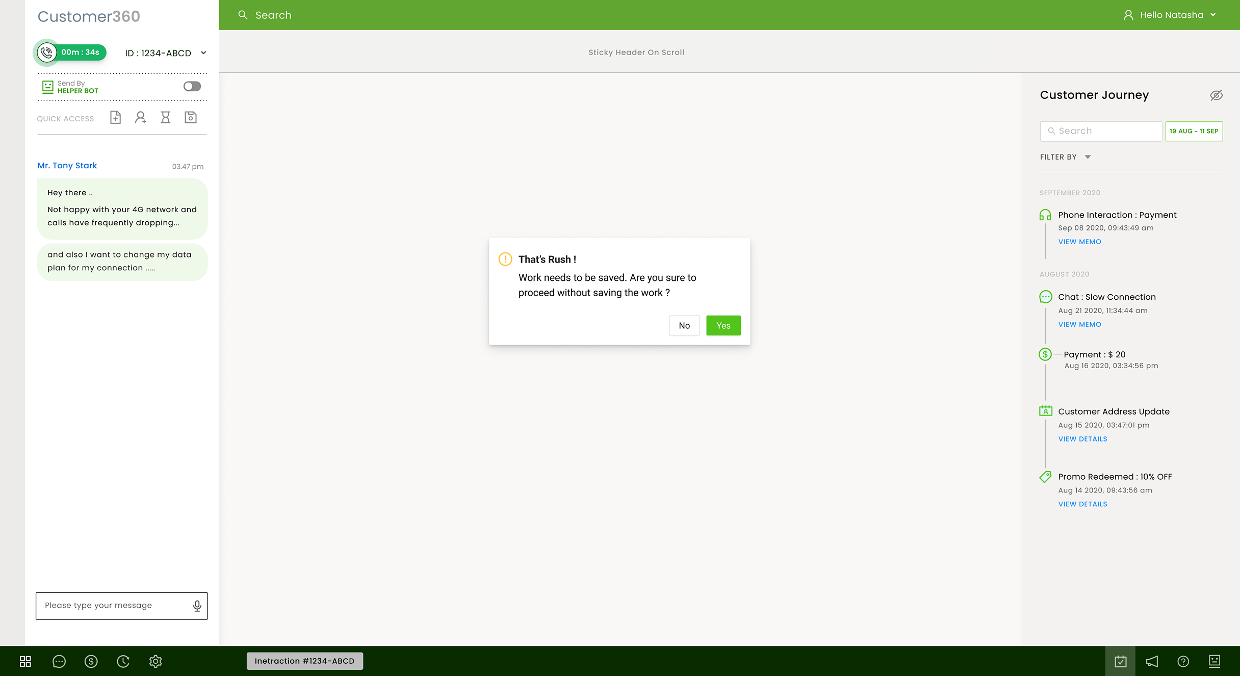 A confirmation dialog over the customer journey asking whether to proceed without saving the work, with No and Yes buttons
