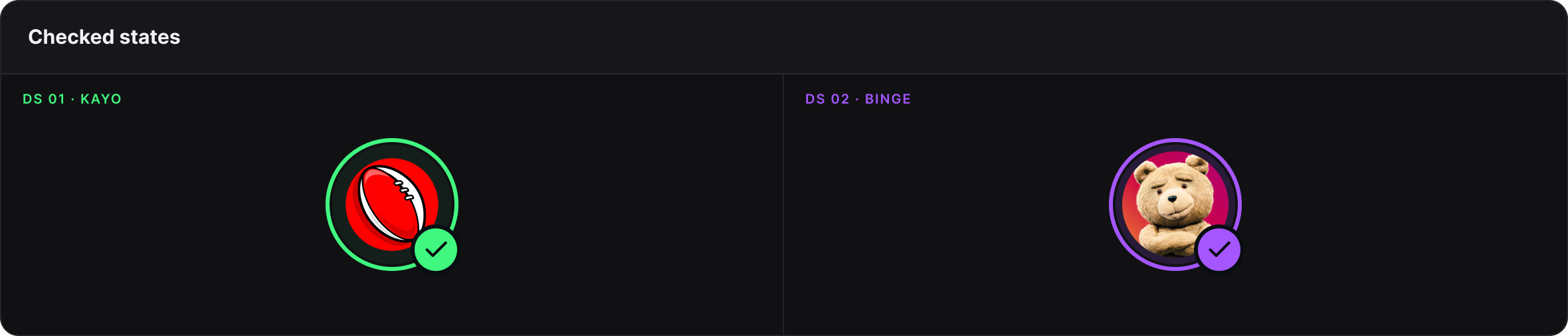 Checked avatars with a ring and a tick: a green ring in the Kayo system and a purple ring in the Binge system