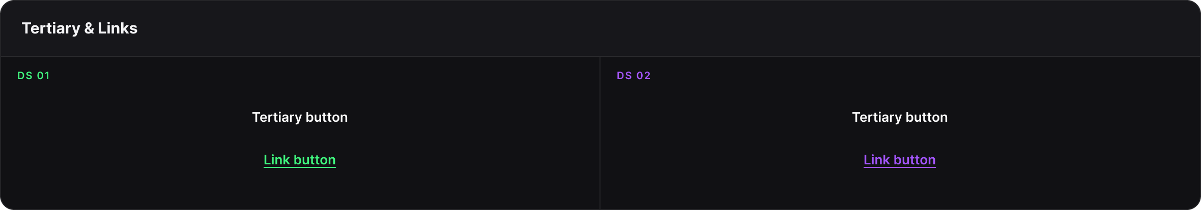 A tertiary button and a link button for both systems, with green link text in the Kayo system and purple in the Binge system
