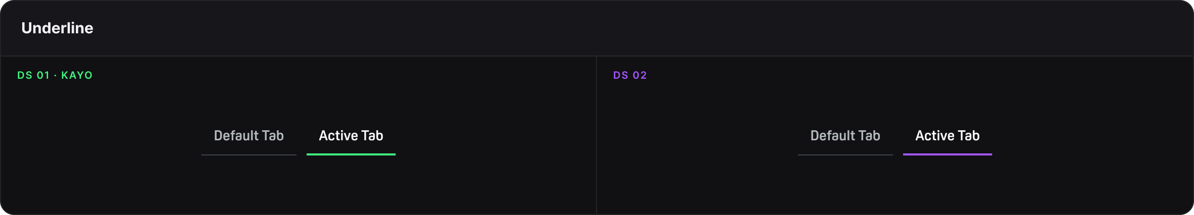 Underline tabs for both systems, showing a Default Tab and an Active Tab with a coloured underline