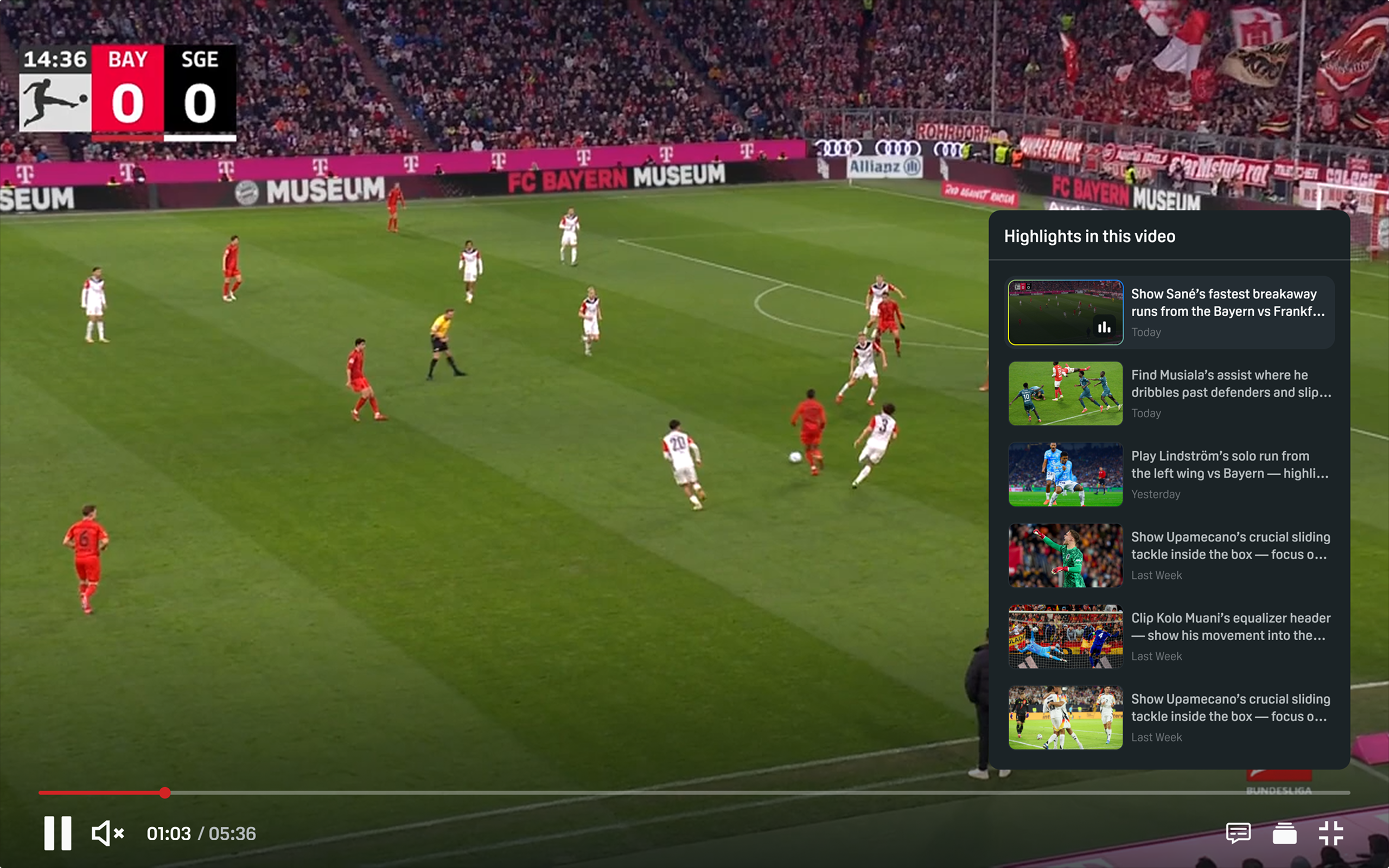 A Bundesliga match playing full screen, Bayern against Frankfurt, with a Highlights in this video panel listing six suggested clips