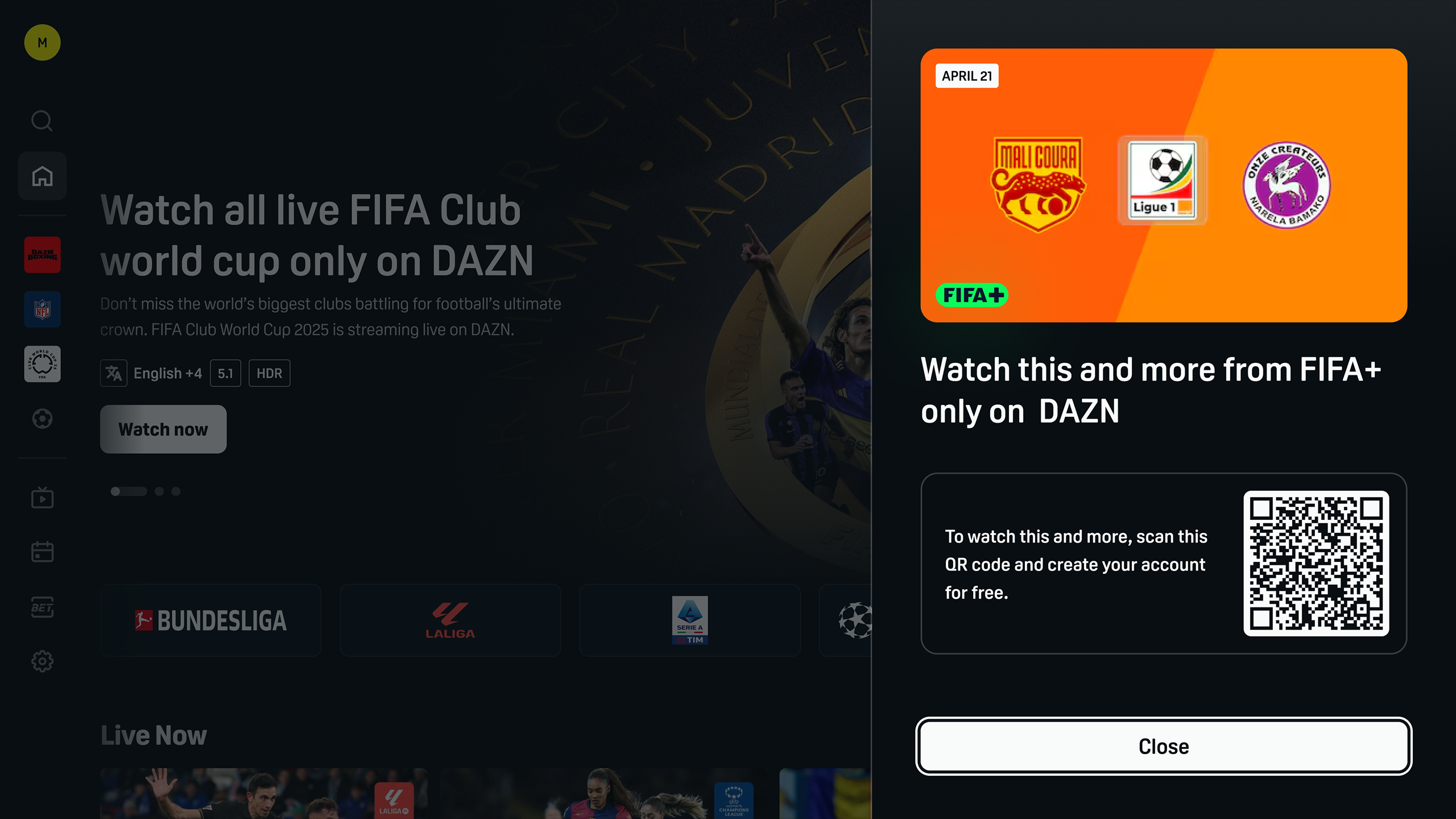 The same TV screen with the FIFA+ offer panel showing a QR code to scan and create a free account, with a Close button