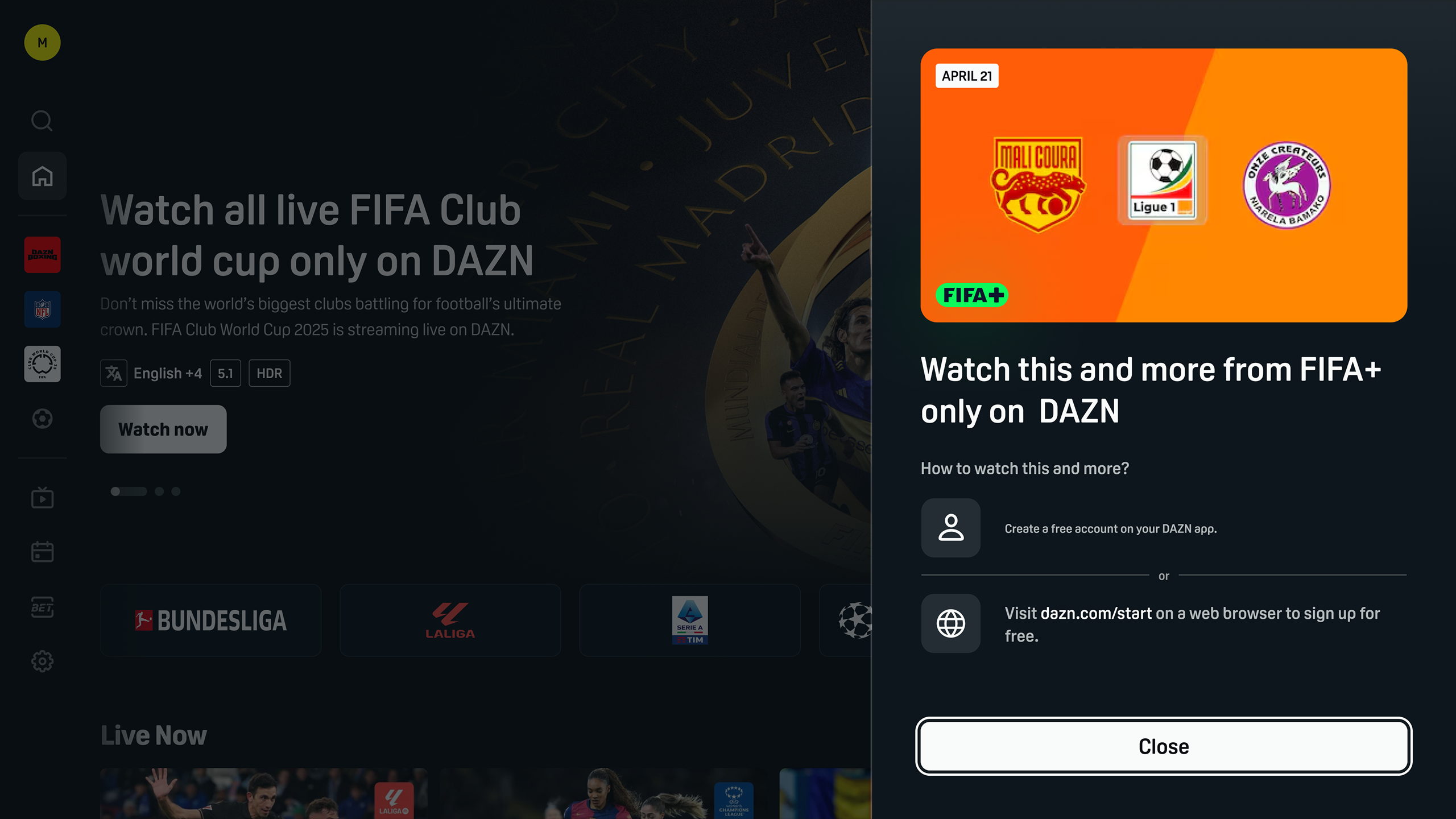 The same TV screen with the FIFA+ offer panel pointing to dazn.com/start in a web browser to sign up for free, with a Close button