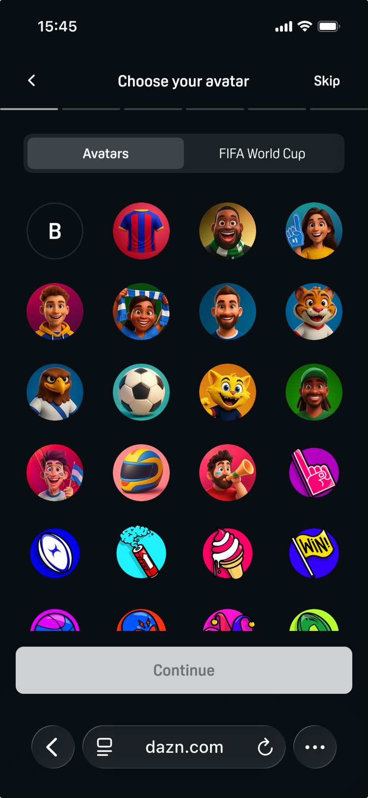 Mobile Choose your avatar screen with Avatars and FIFA World Cup tabs and a grid of round avatars