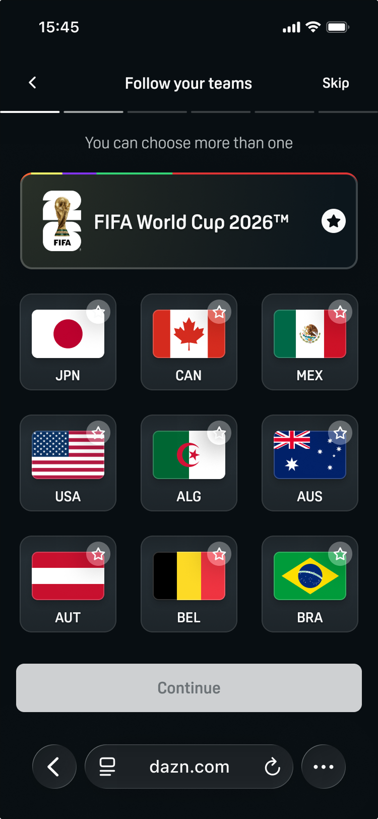 Mobile Follow your teams screen with the FIFA World Cup 2026 competition and a grid of national team flags