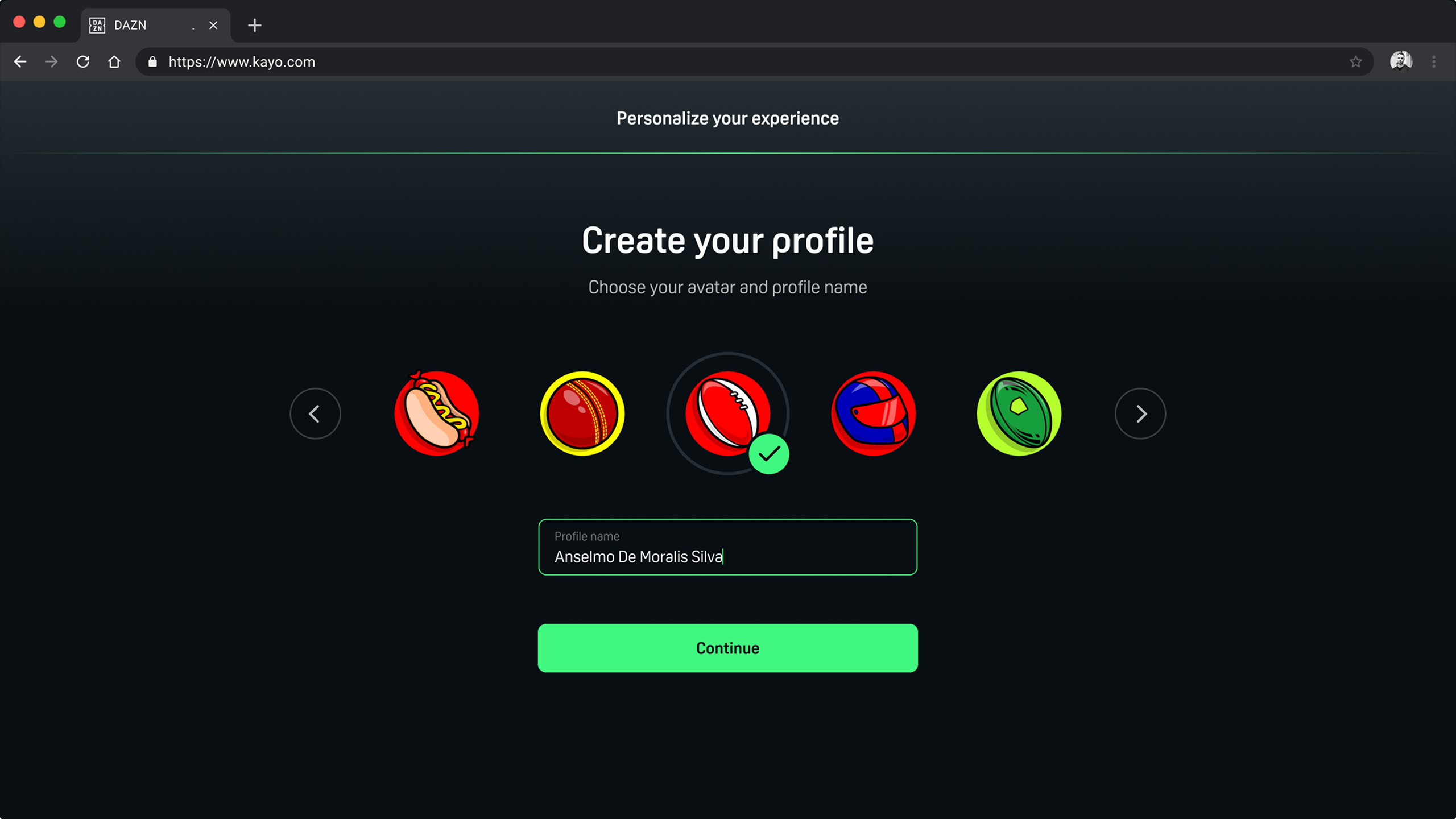 Kayo desktop Create your profile screen with a row of avatars, a profile name field and a green Continue button