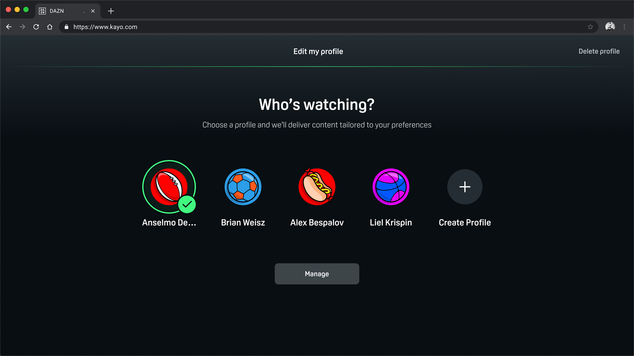 Kayo desktop Who's watching screen with five profile avatars, one selected, and a Manage button