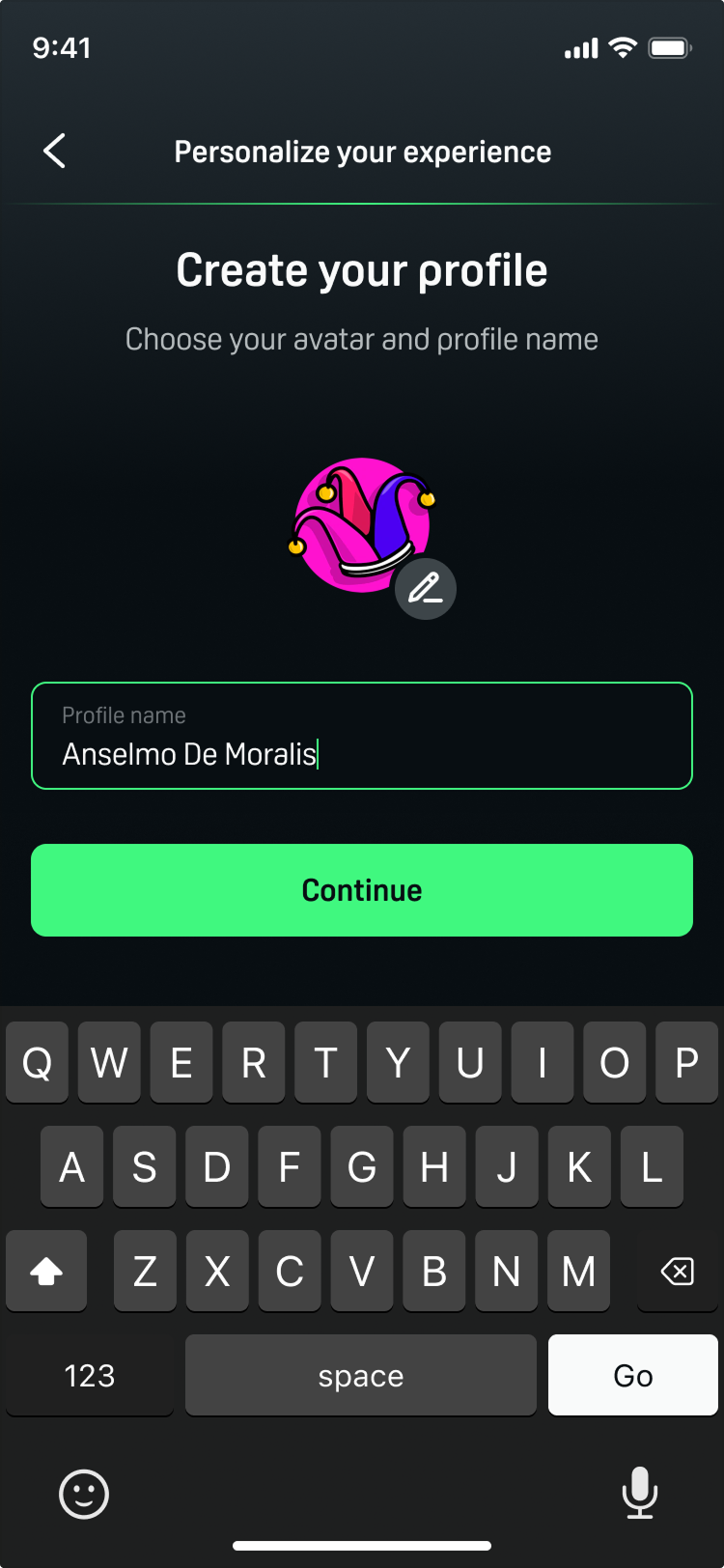 Kayo mobile Create your profile screen with an avatar, a profile name field, a Continue button and the keyboard open