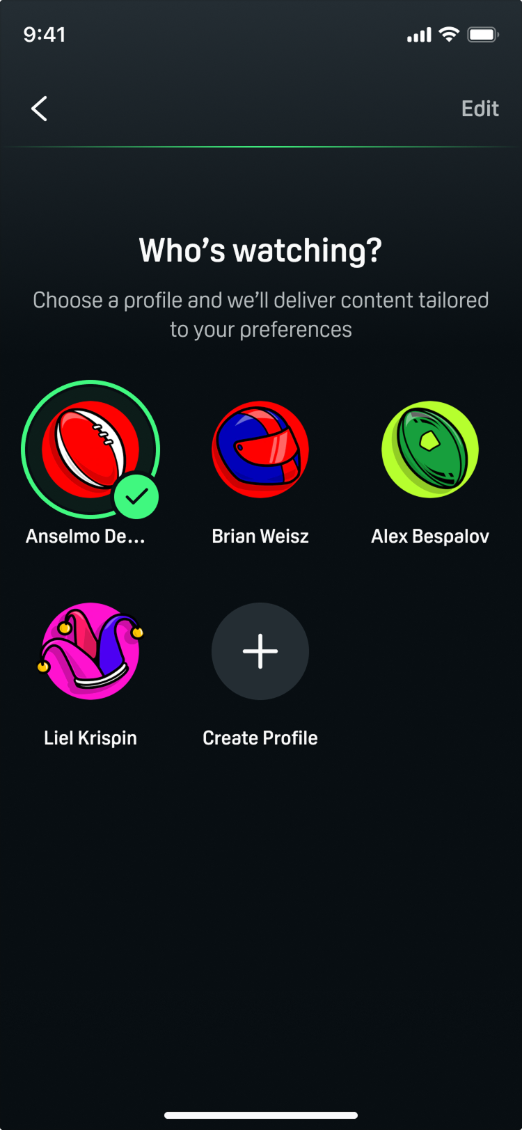 Kayo mobile Who's watching screen with round profile avatars, one selected, and a Create Profile button