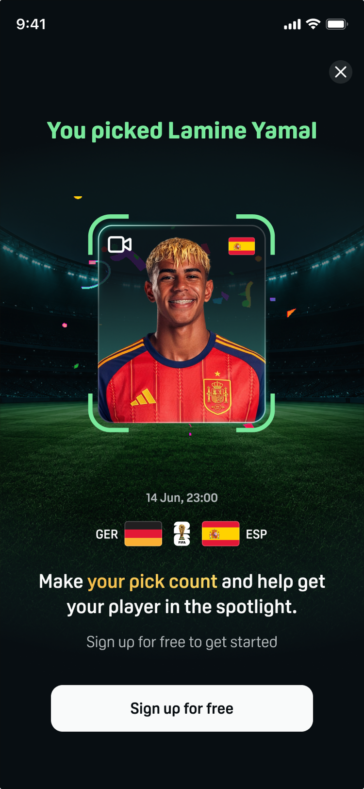 Mobile screen reading You picked Lamine Yamal, with the match date, Germany against Spain, and a Sign up for free button