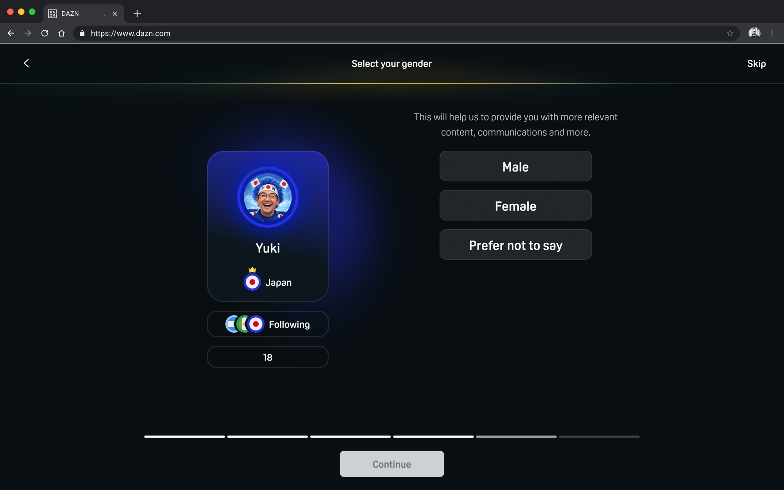 The desktop Select your gender step with Male, Female and Prefer not to say options, and Yuki's avatar card carried over on the left with the age already chosen