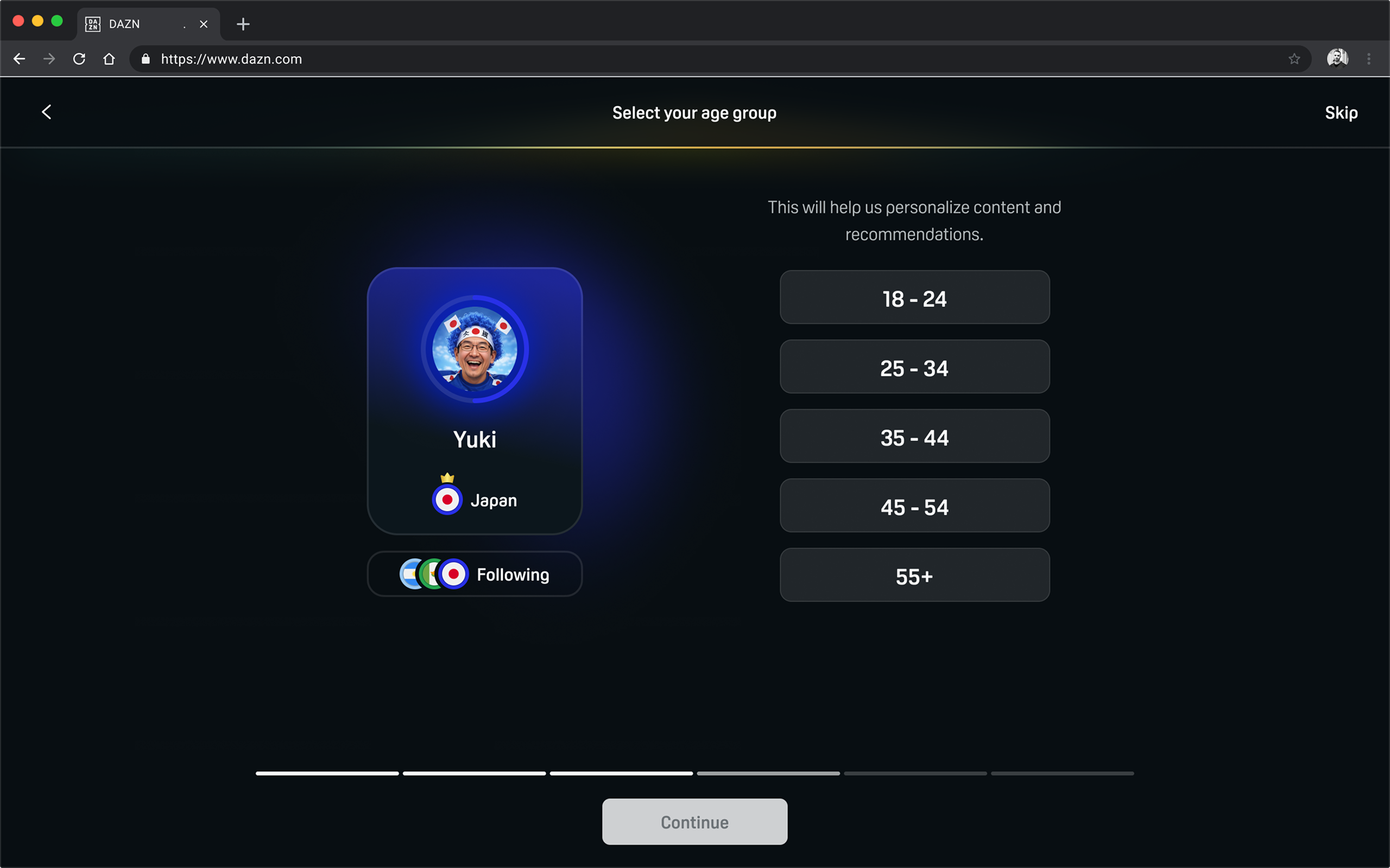 Desktop Select your age group step with Yuki's avatar card, Japan and Following on the left and the five age ranges on the right