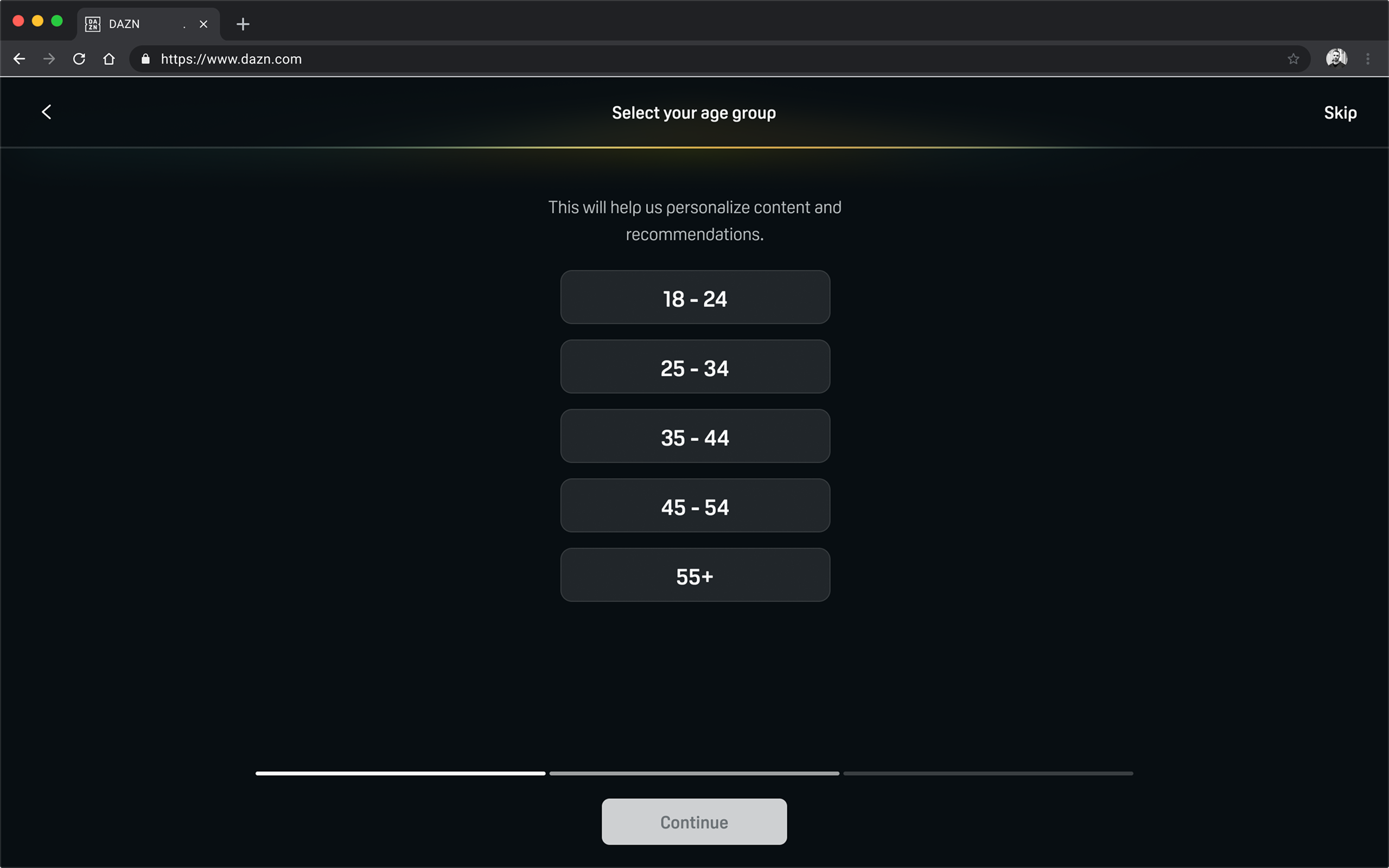 Desktop Select your age group step with five age ranges from 18 to 24 up to 55+ and a disabled Continue button, before any avatar card appears