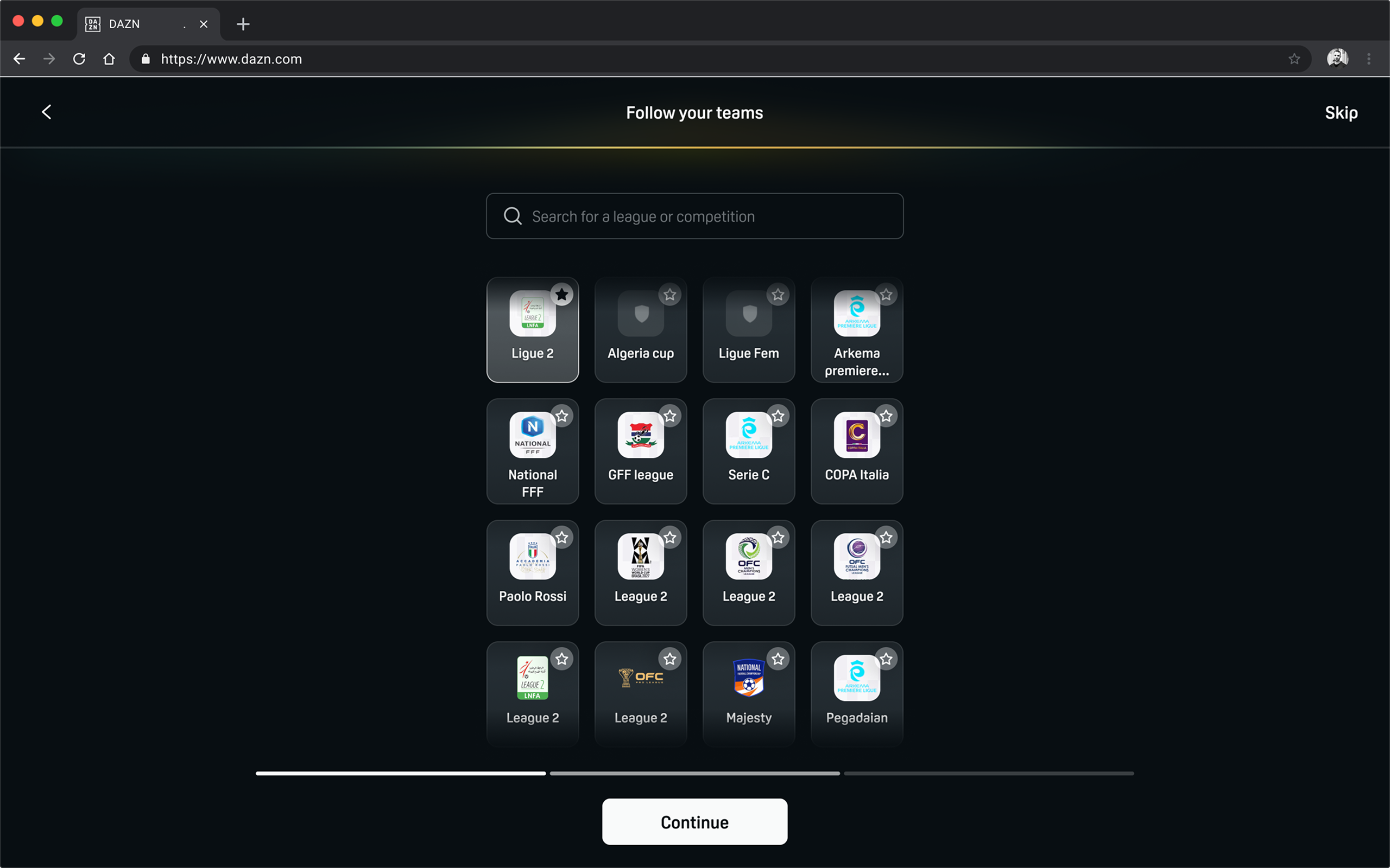 Desktop Follow your teams step with a search field and a grid of league and competition tiles, with a Continue button