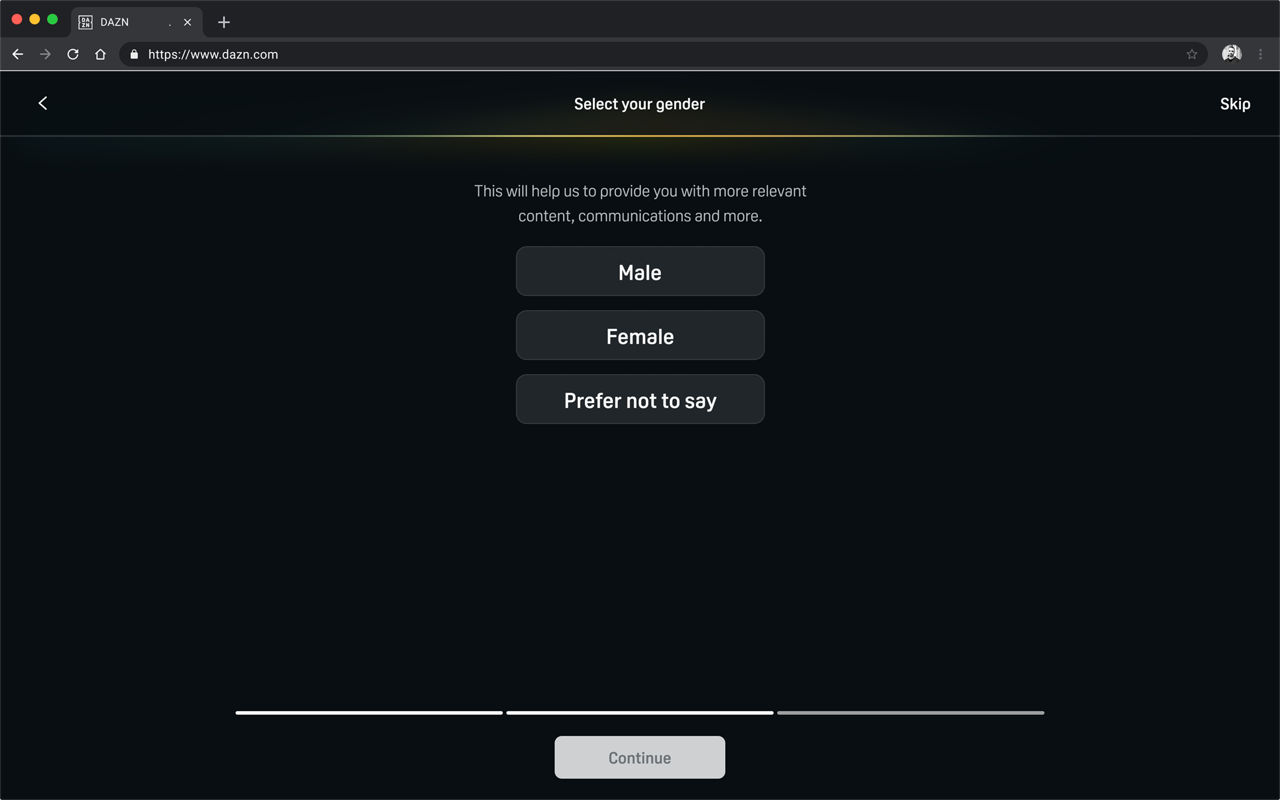 Desktop Select your gender step with Male, Female and Prefer not to say options, before any avatar card appears