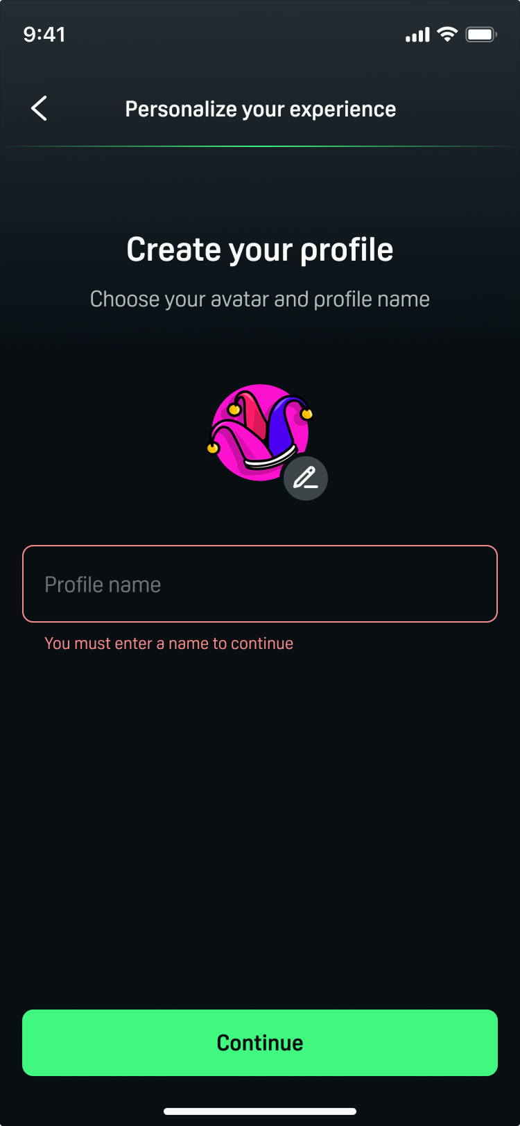 Mobile Create your profile screen with an empty profile name outlined in red and the message that you must enter a name to continue