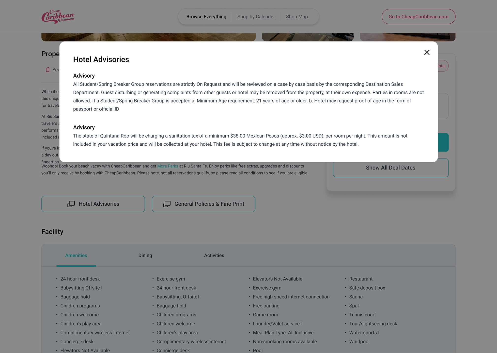 The Hotel Advisories modal over the hotel page, with two advisory paragraphs about student and spring break group reservations and a destination sanitation tax