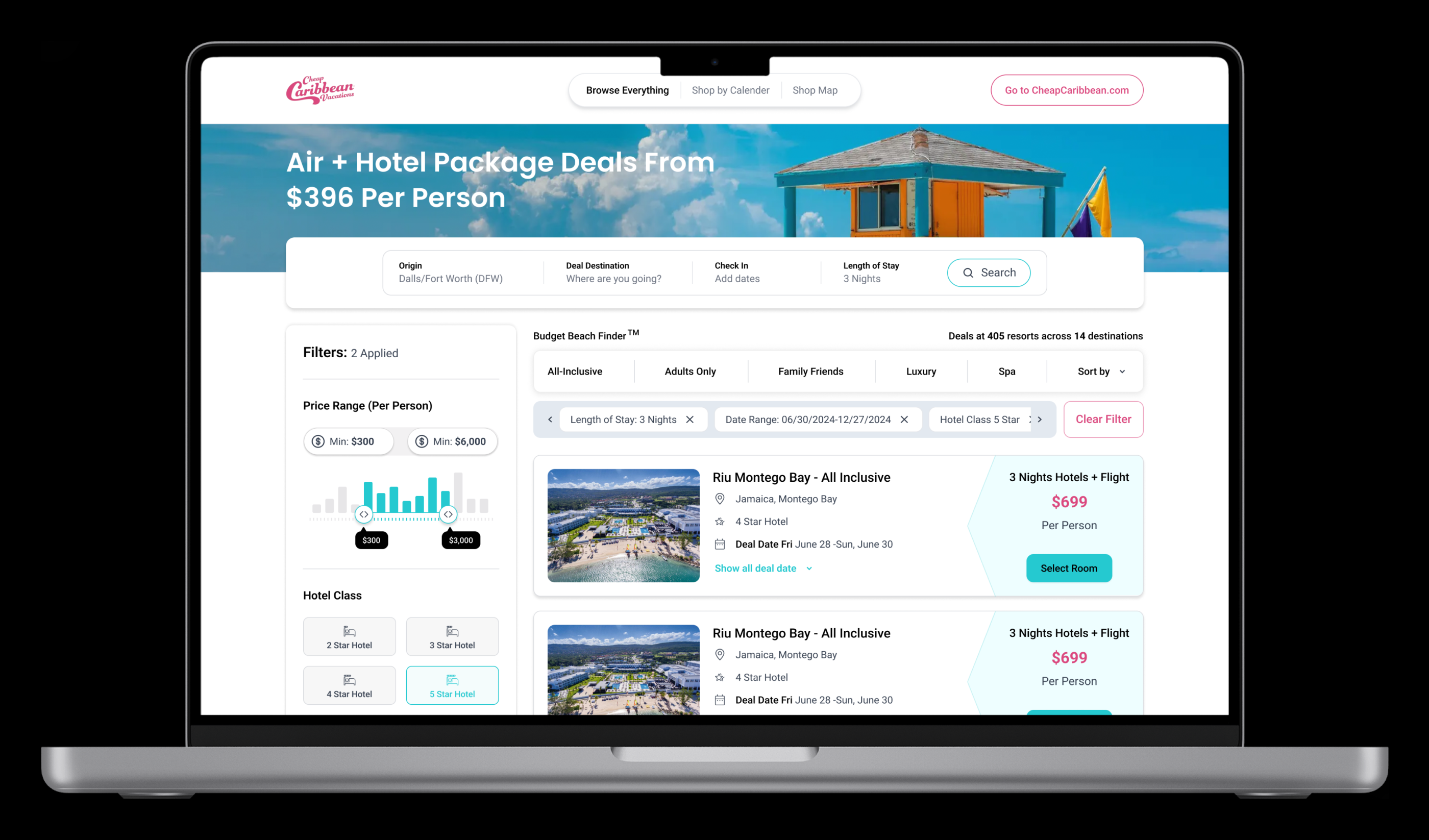 A laptop showing the home page: the headline Air plus Hotel Package Deals From $396 Per Person over a search bar for origin, deal destination, check-in and length of stay, then a filter column and the first hotel results