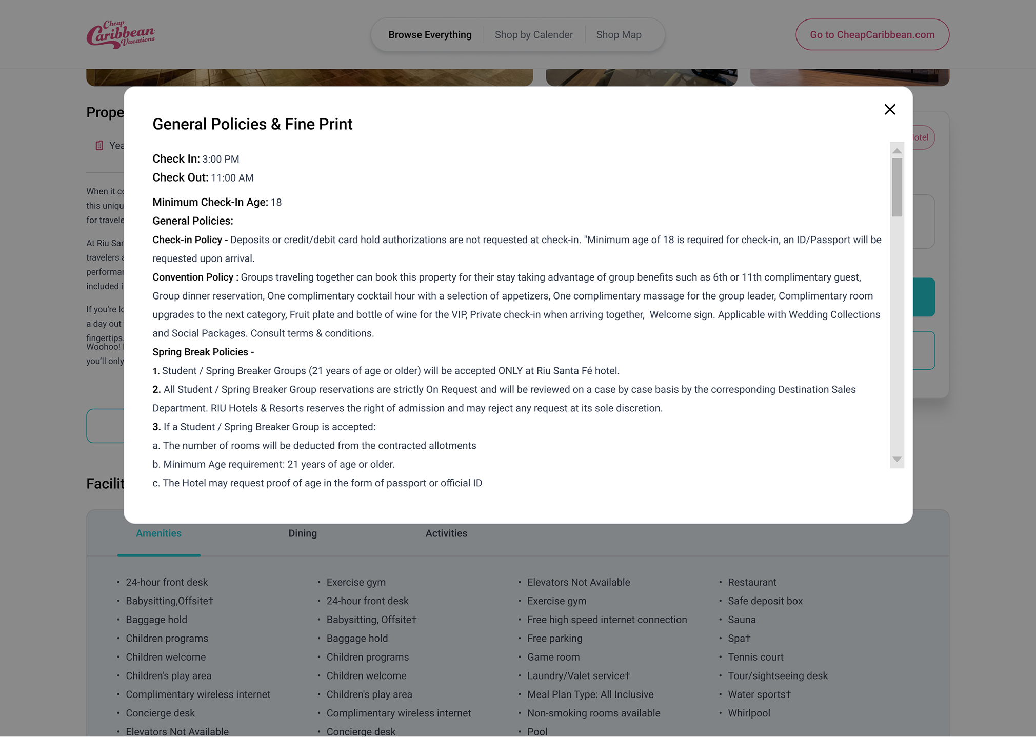 The General Policies and Fine Print modal over the hotel page, listing check-in and check-out times, the minimum check-in age and the property's general and spring break policies