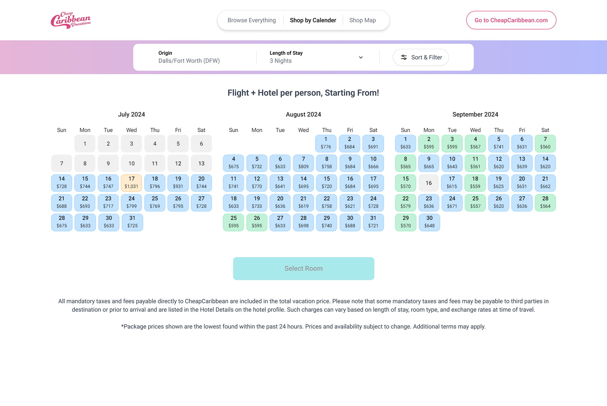 The Shop by Calendar view: a search bar for origin and length of stay above three monthly calendars for July, August and September 2024, with a lowest price in each date and the cheapest dates highlighted in green. A Select Room button sits below