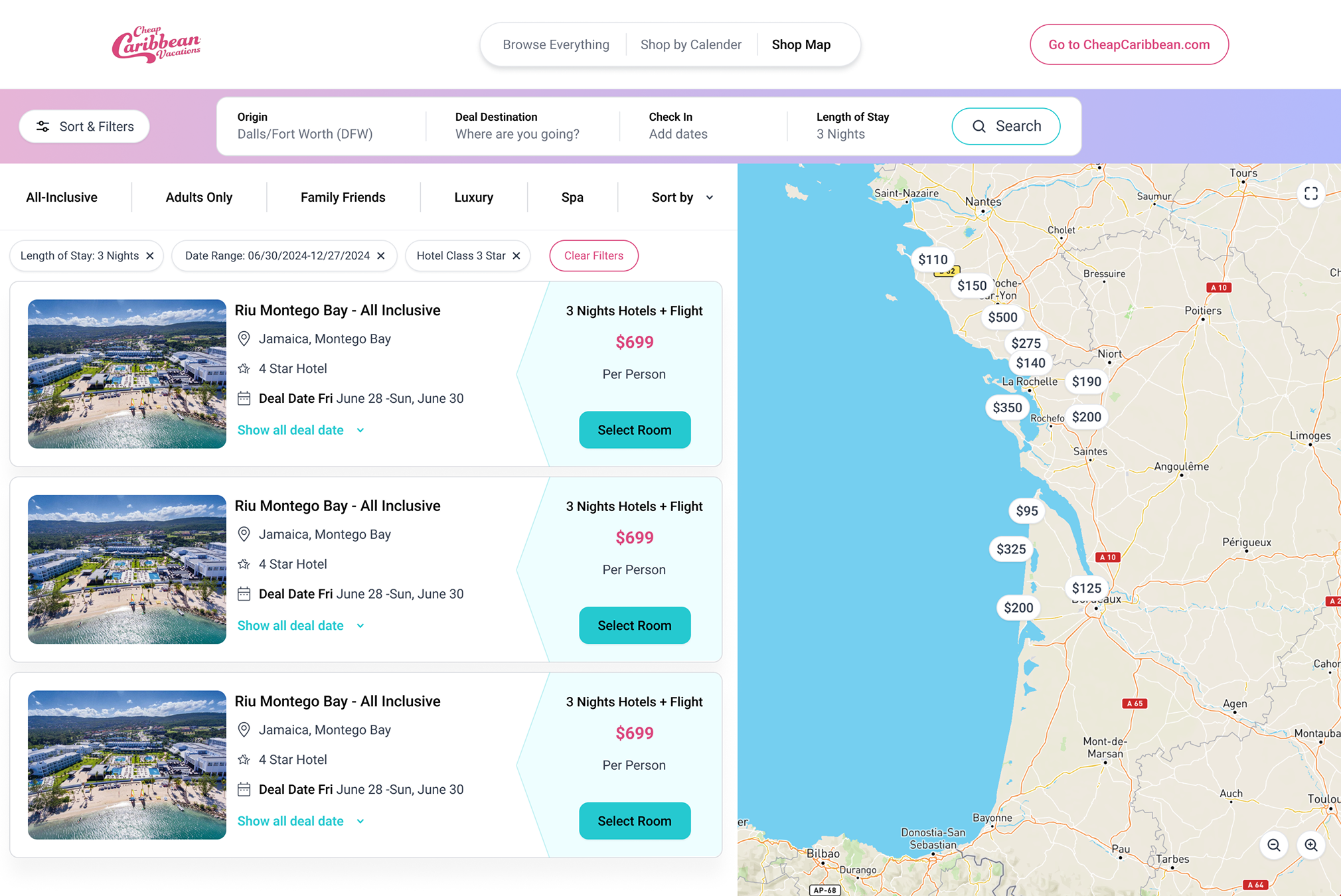 The Shop Map view: filter chips for All-Inclusive, Adults Only, Family Friends, Luxury and Spa above a list of hotel results on the left and a map on the right, where price pins mark where each deal is