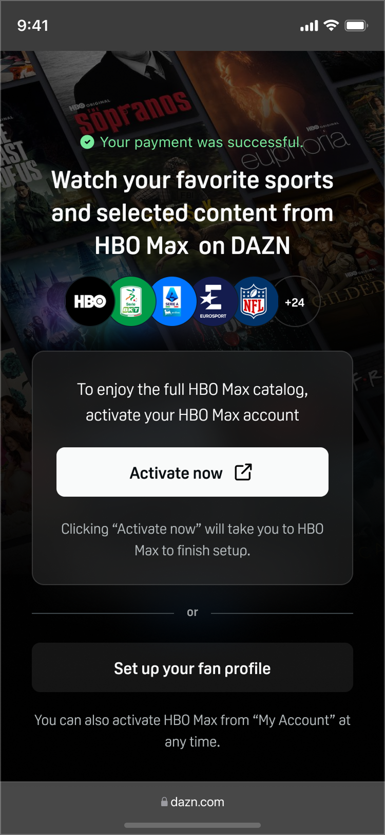 Mobile confirmation after payment, offering to activate HBO Max with an Activate now button and a Set up your fan profile button