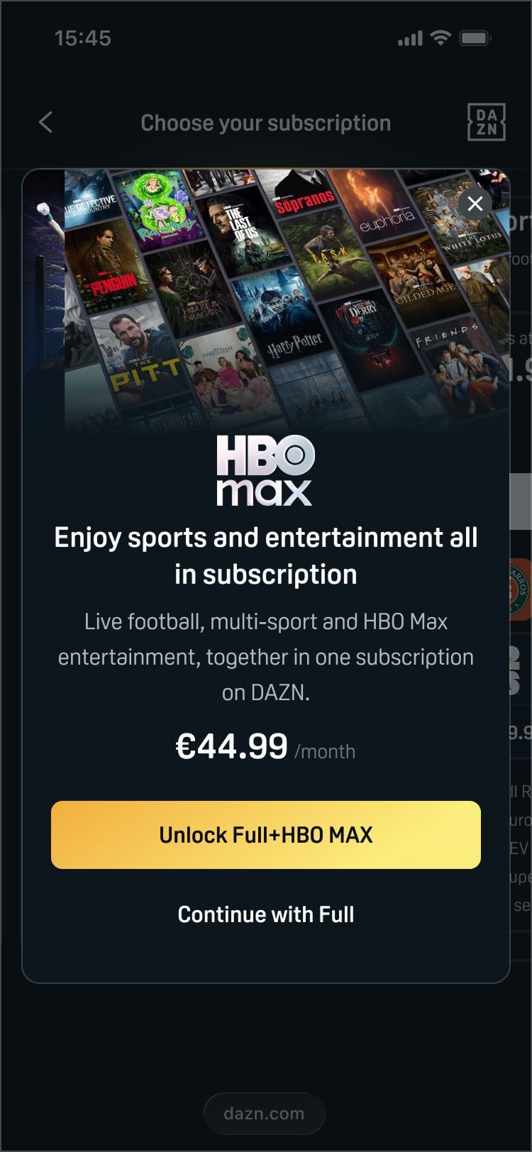 Mobile HBO Max offer over the plan screen: Enjoy sports and entertainment all in one subscription, €44.99 a month, with Unlock Full+HBO MAX and Continue with Full buttons