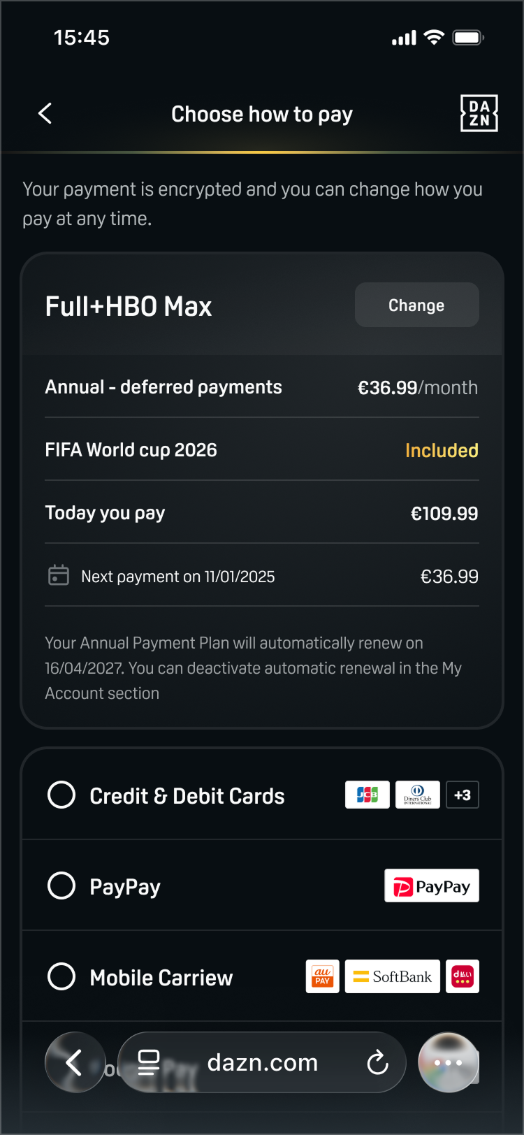 Mobile Choose how to pay screen with the Full+HBO Max summary, today's total and next payment, and card, PayPay and mobile carrier options