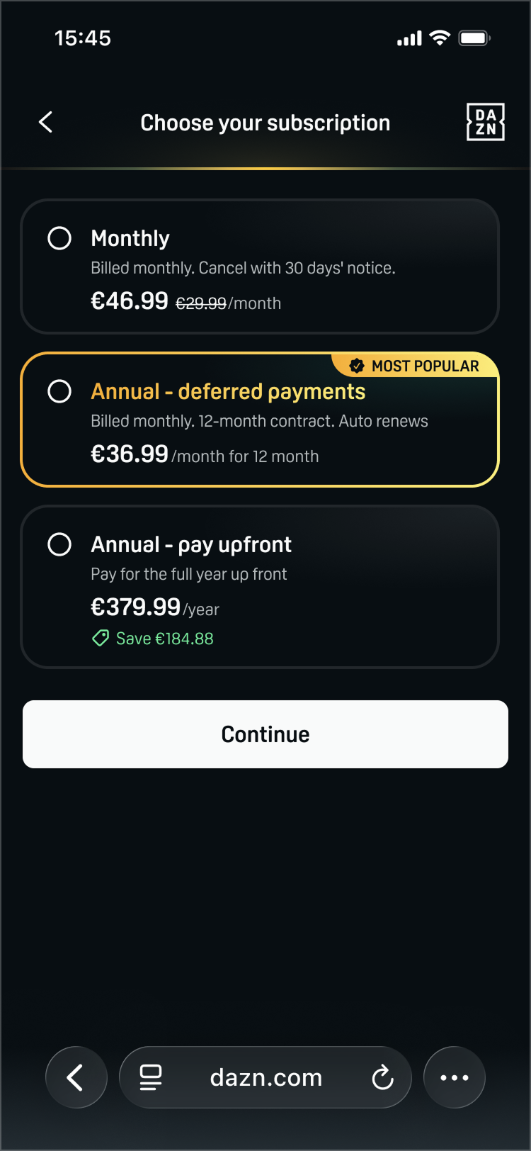 Mobile billing choices: Monthly, Annual with deferred payments marked Most popular, and Annual paid upfront, with a Continue button