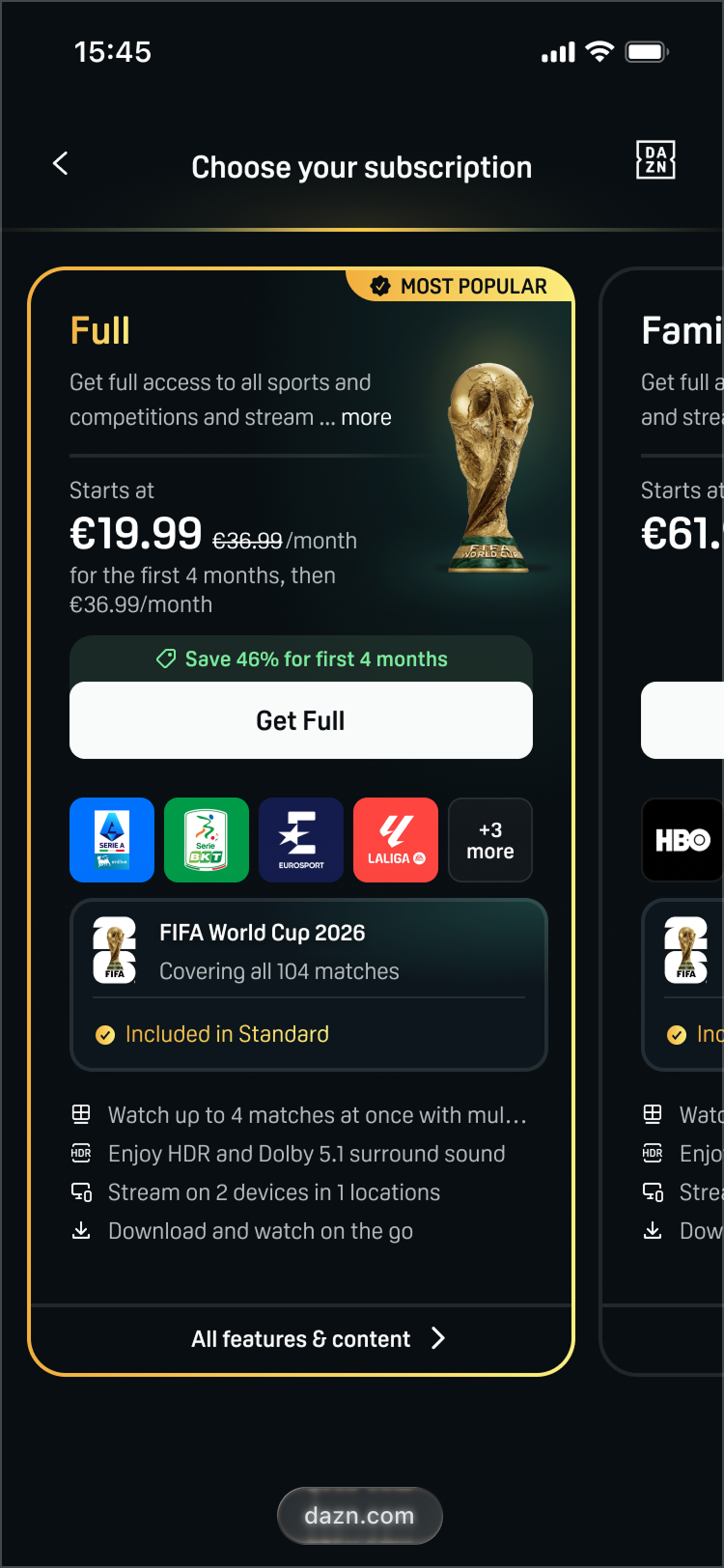 Mobile Choose your subscription screen with the Full plan card marked Most popular, its price, a Get Full button and the sports included