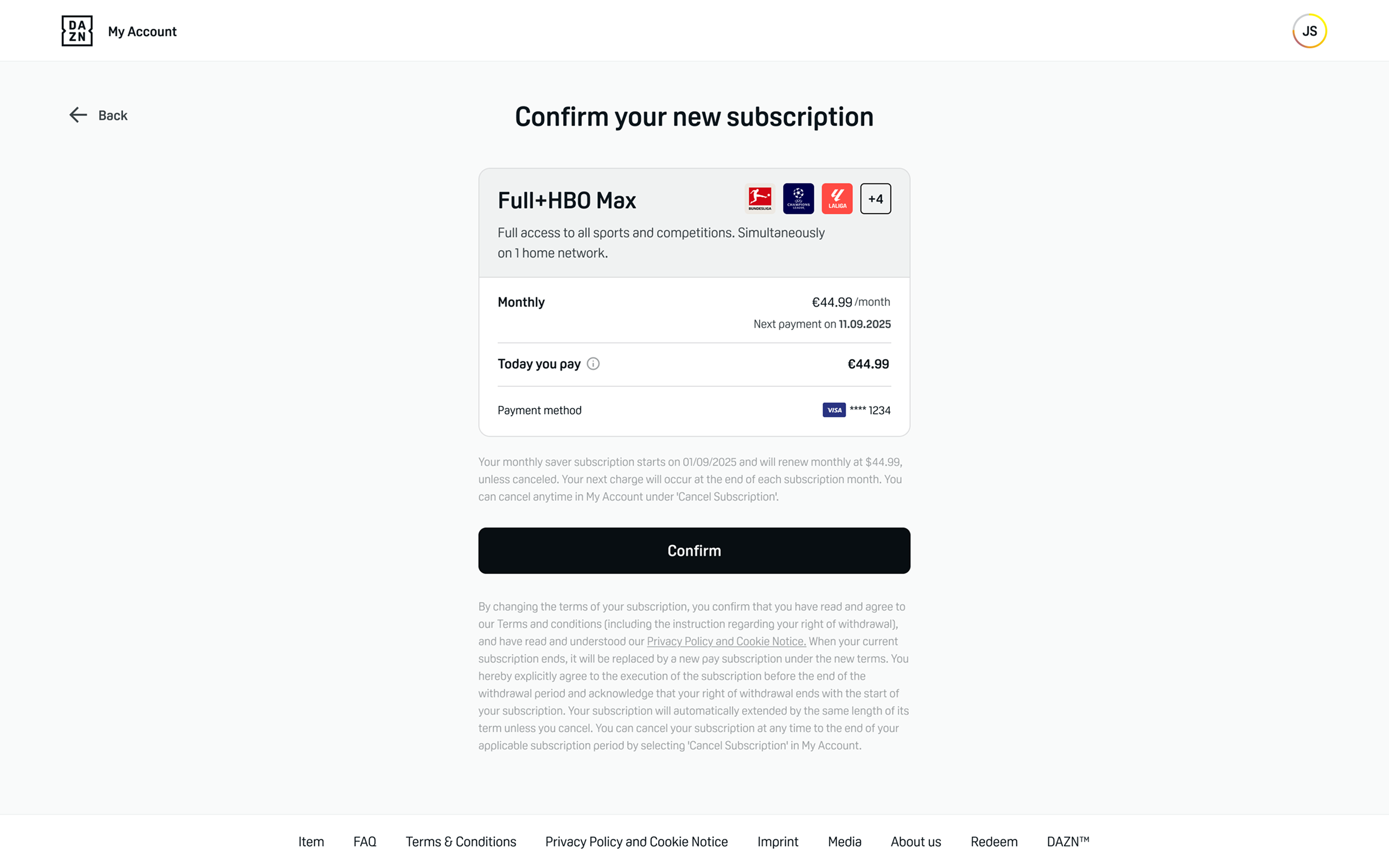 Confirm your new subscription: the plan summary and a Confirm button on a light screen for an existing subscriber
