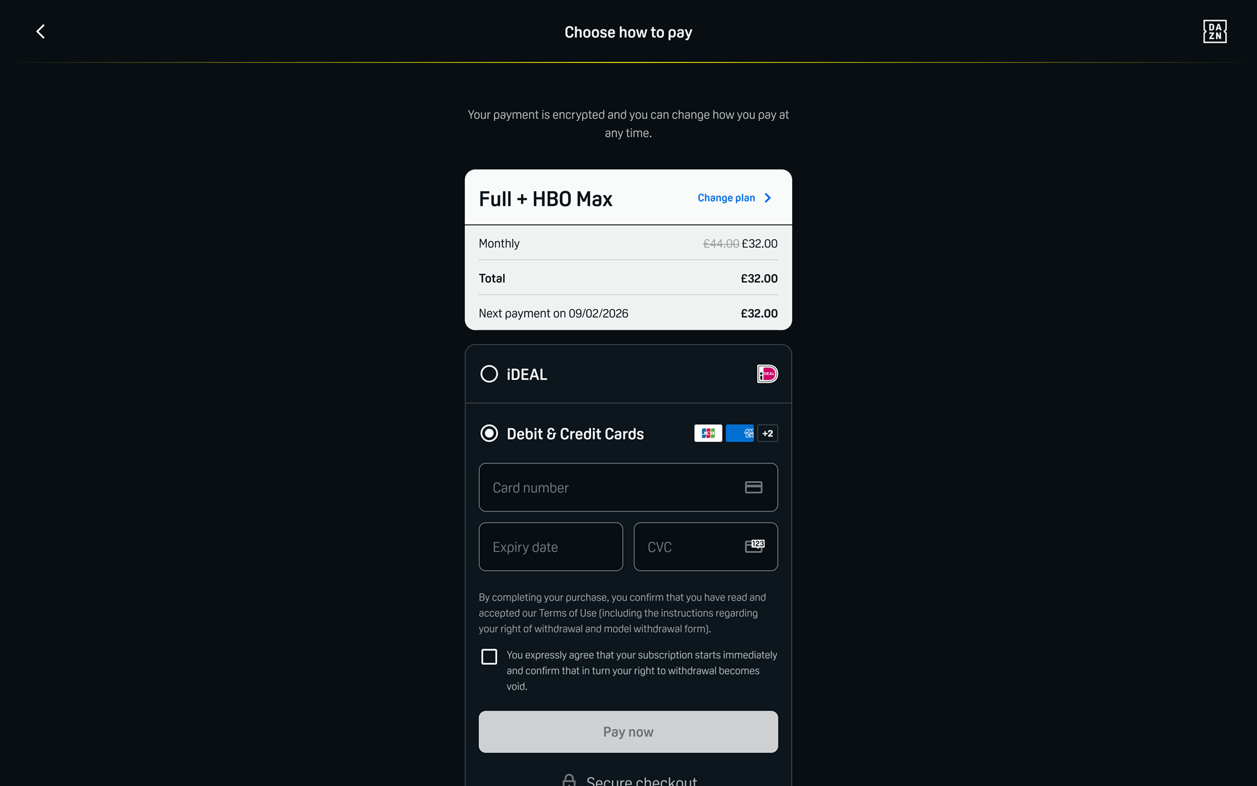 Checkout for someone who is not yet a DAZN member: the plan summary, payment method and a Pay button on a dark screen