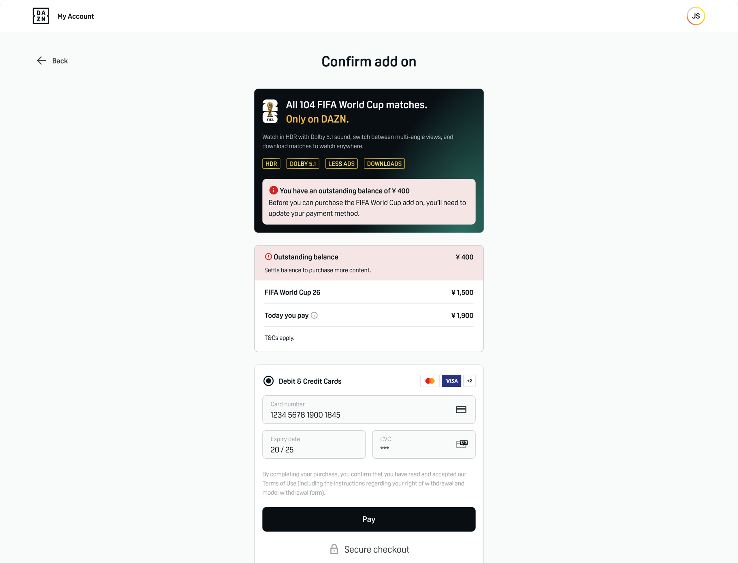 The Confirm add on screen: the FIFA World Cup offer, a 400 outstanding balance shown as its own line, the 1,500 add-on, a single total to pay today, and card fields