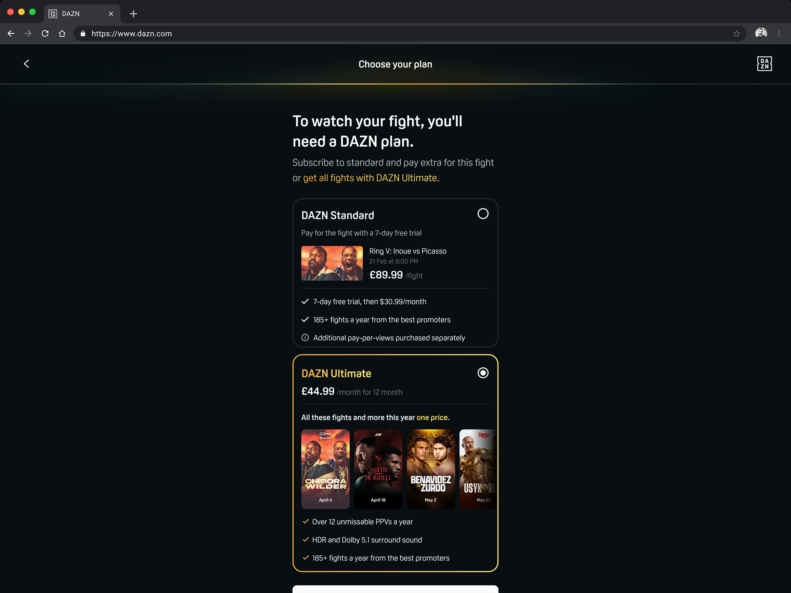 Desktop Choose your plan screen reading To watch your fight, you'll need a DAZN plan, comparing DAZN Standard and DAZN Ultimate