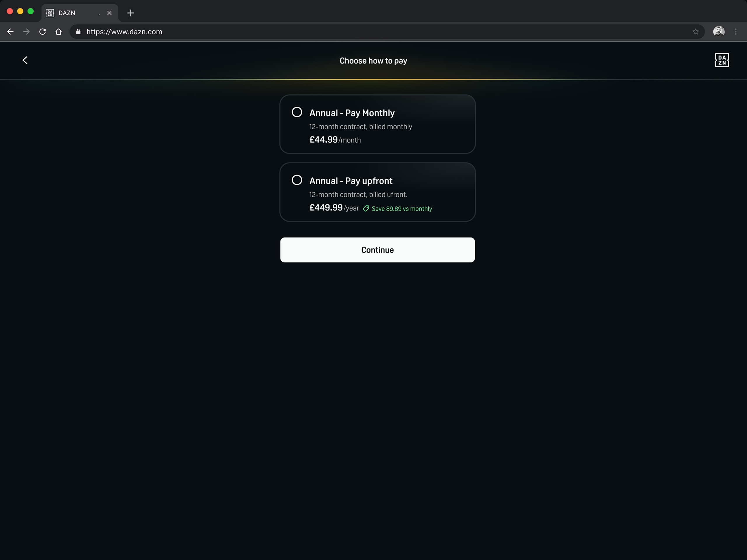 Desktop Choose how to pay screen with two options, Annual paid monthly at €44.99 and Annual paid upfront at €449.99, and a Continue button