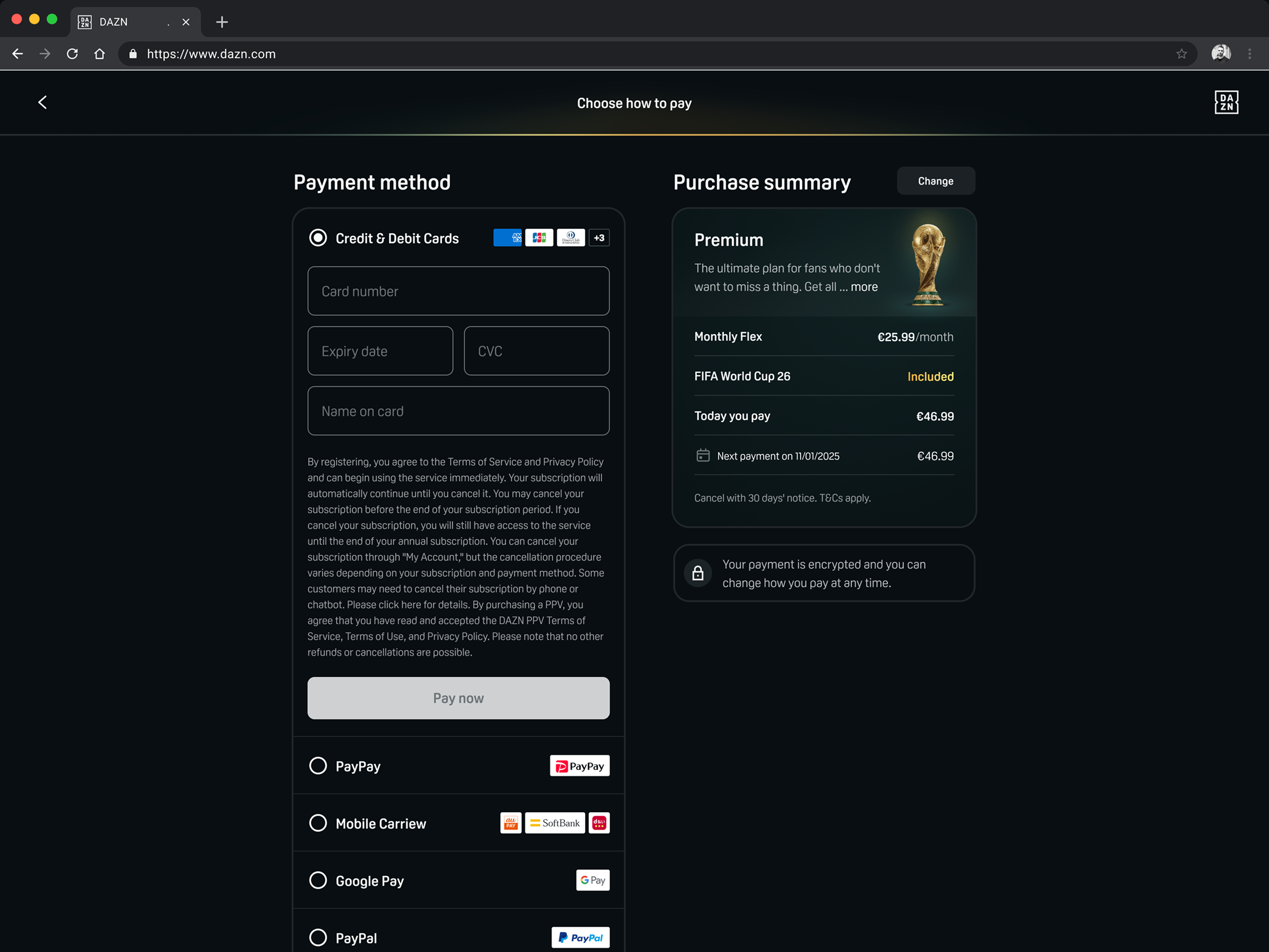 Desktop payment screen with a card form and other payment methods on the left and a Purchase summary for the Premium plan on the right