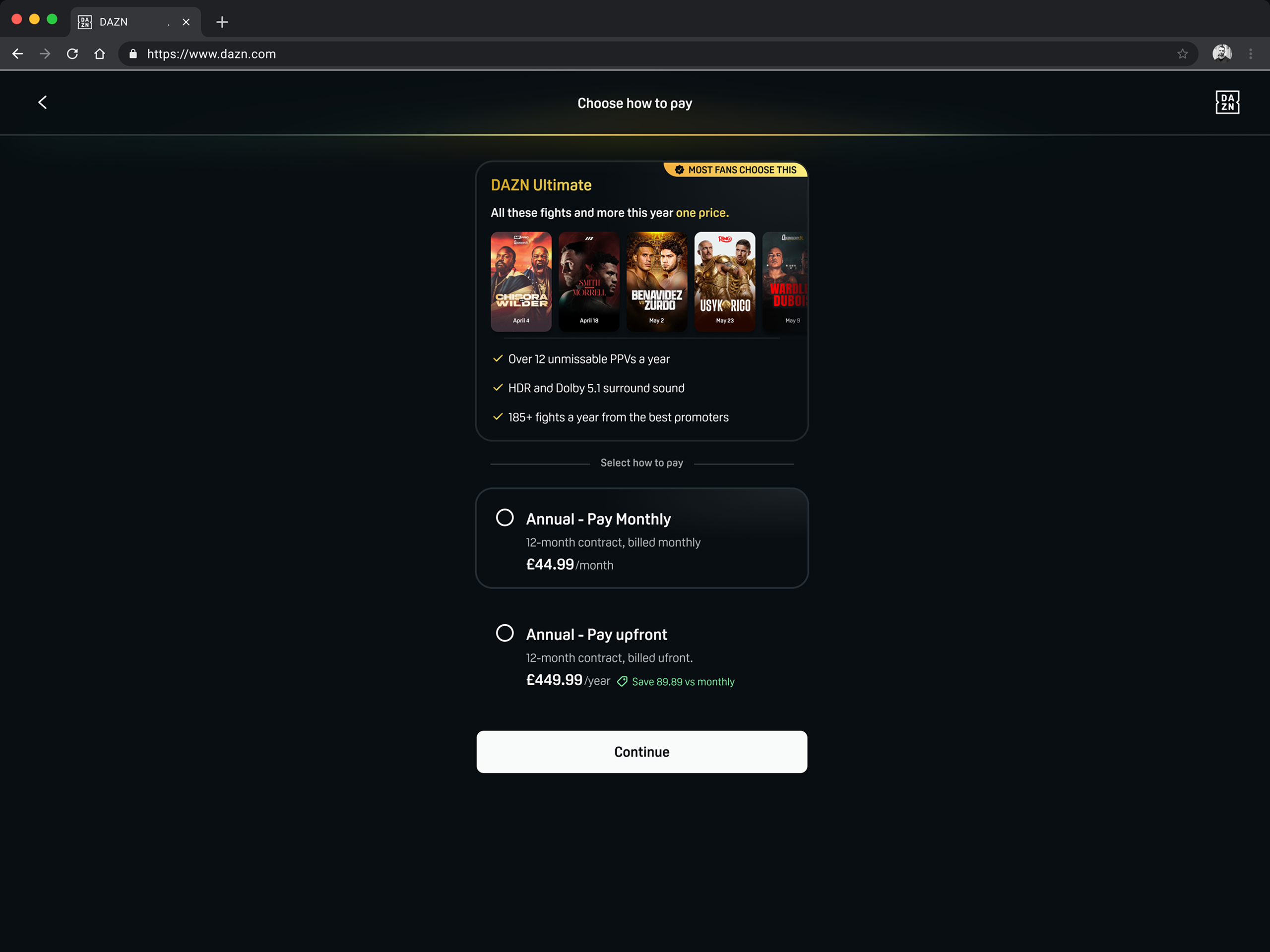 Desktop DAZN Ultimate plan card showing the fights included and its benefits, with Annual paid monthly and Annual paid upfront options and a Continue button