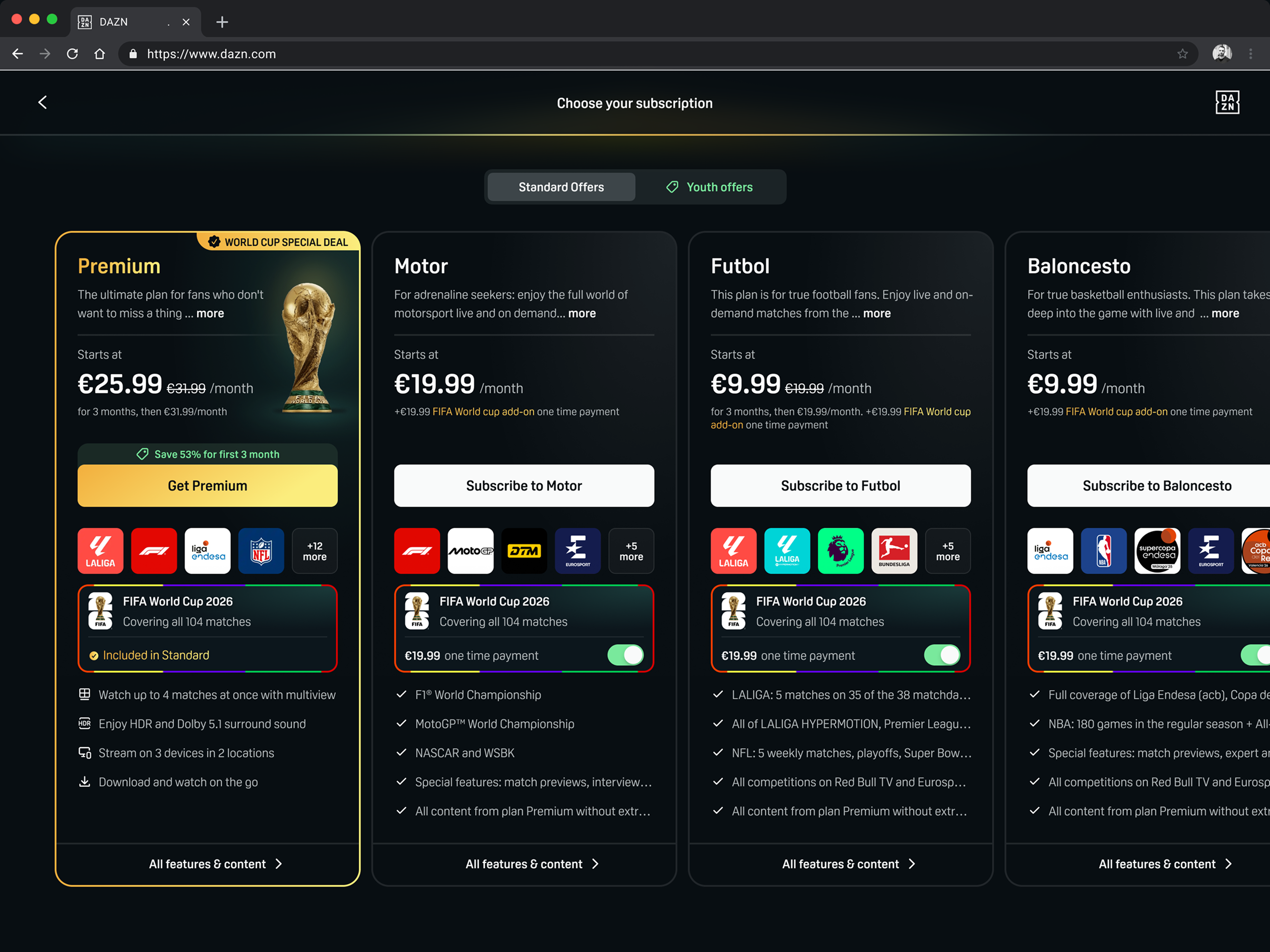 Desktop Choose your subscription screen with four plan cards, Premium, Motor, Futbol and Baloncesto, each with its price and a subscribe button