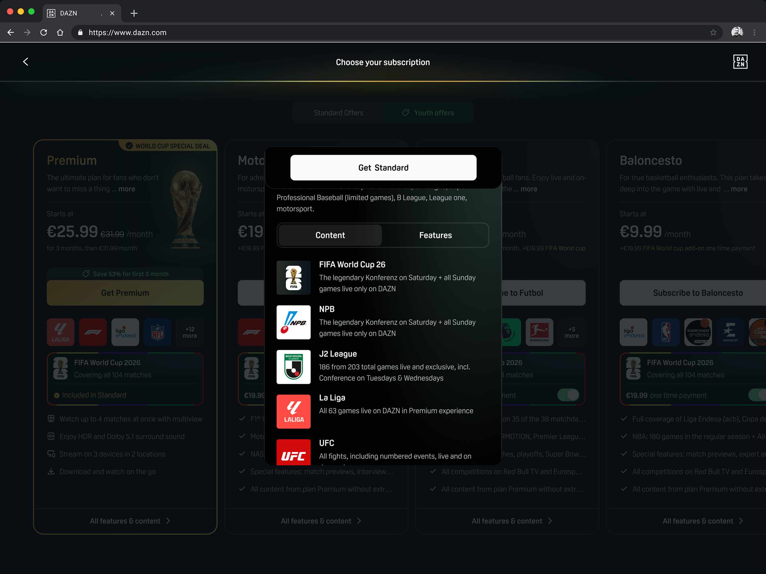 The same plan screen dimmed behind a panel with Content and Features tabs, listing the competitions included in the Standard plan