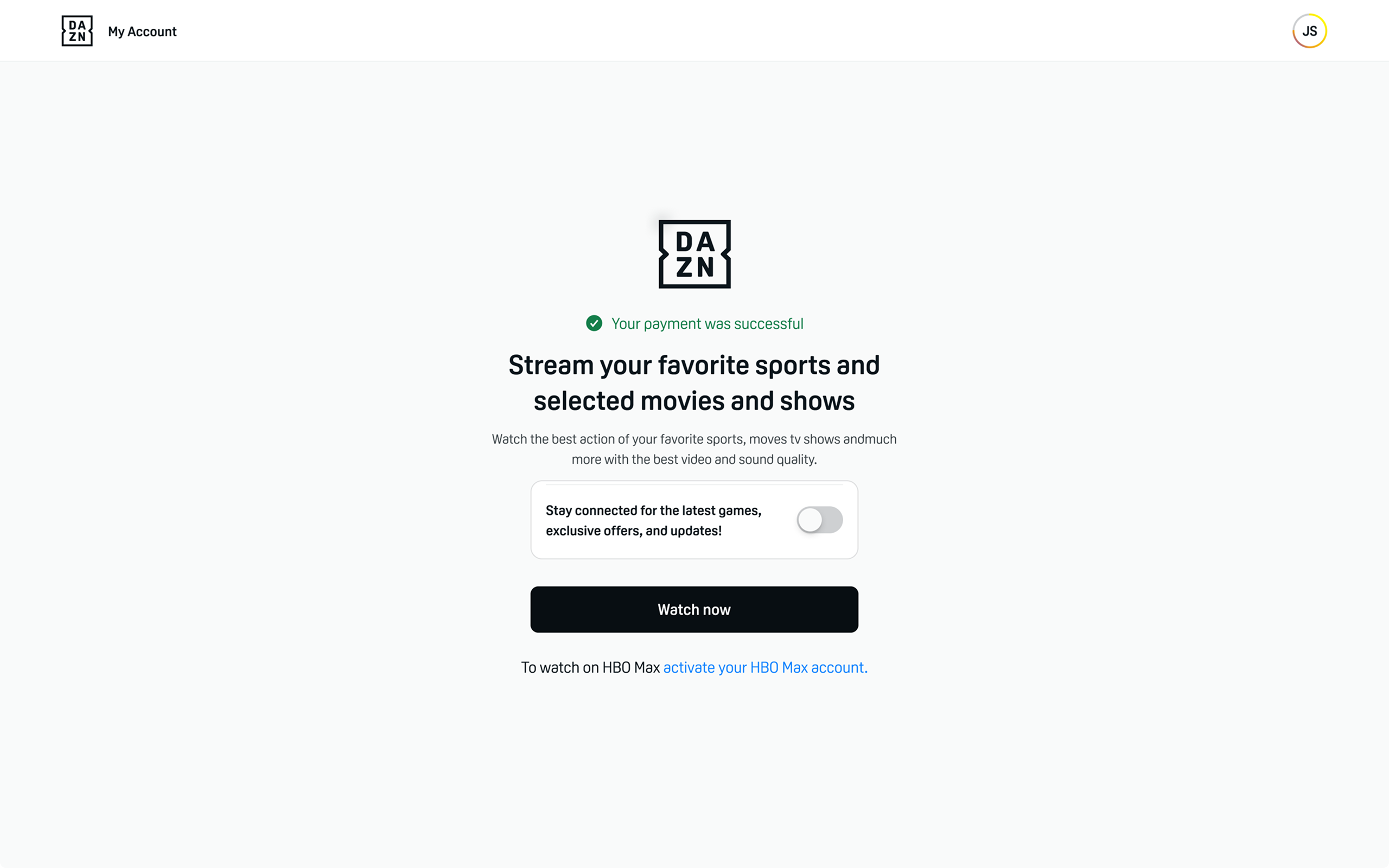 The confirmation screen after checkout, with a toggle and an Activate now button
