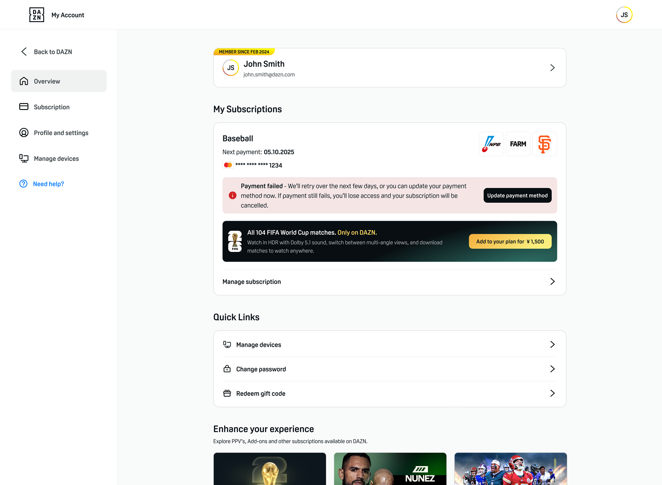 The account overview with a failed-payment warning and the FIFA World Cup offer, which triggers the recovery flow