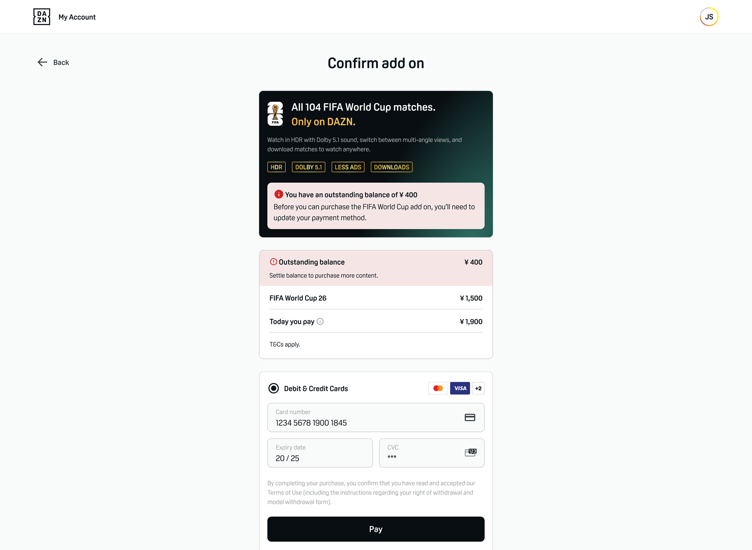 The Confirm add on screen showing the outstanding balance, the add-on price and one total