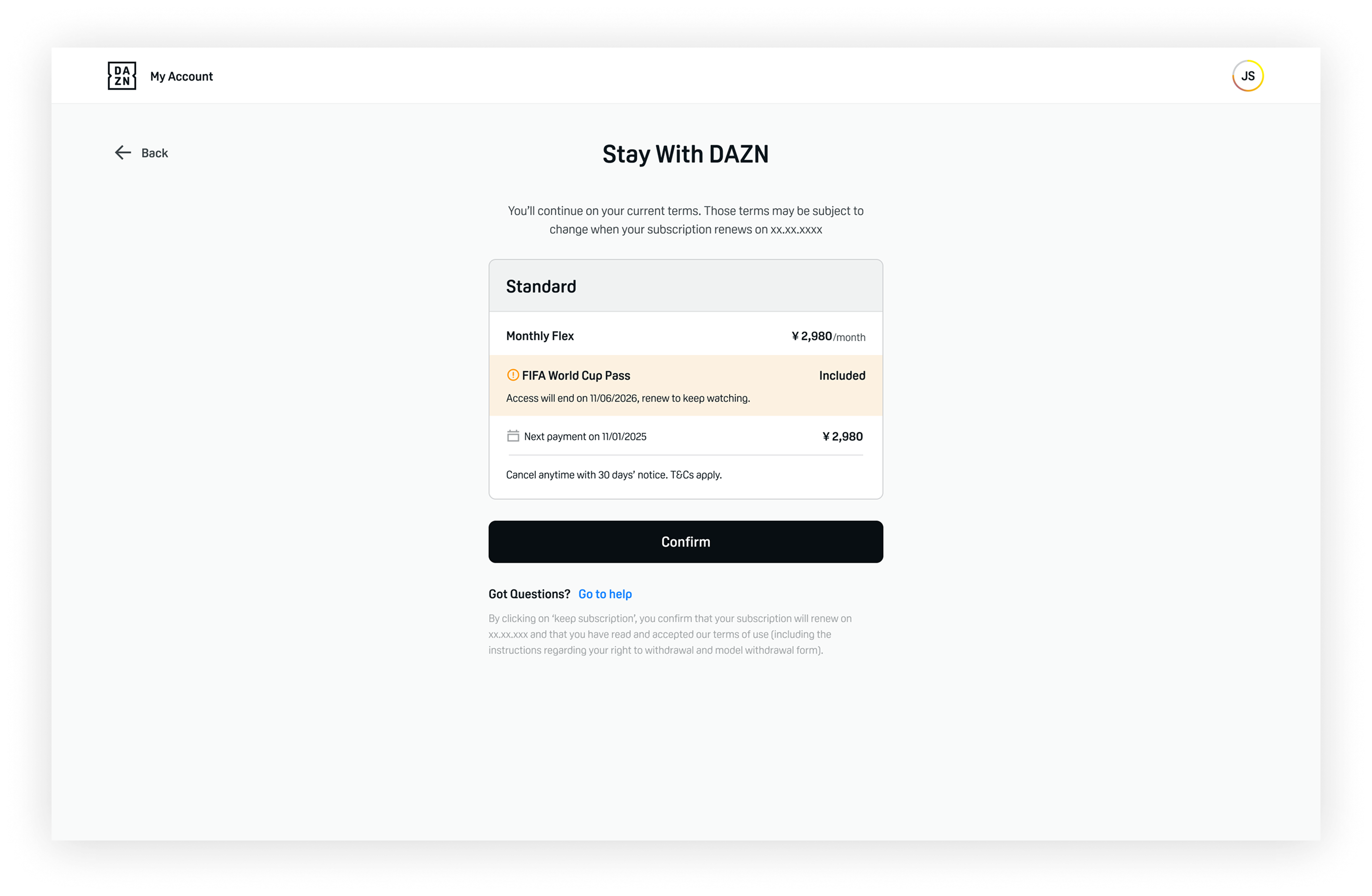 The Stay with DAZN screen for a higher-tier subscriber, showing the FIFA World Cup pass as already included