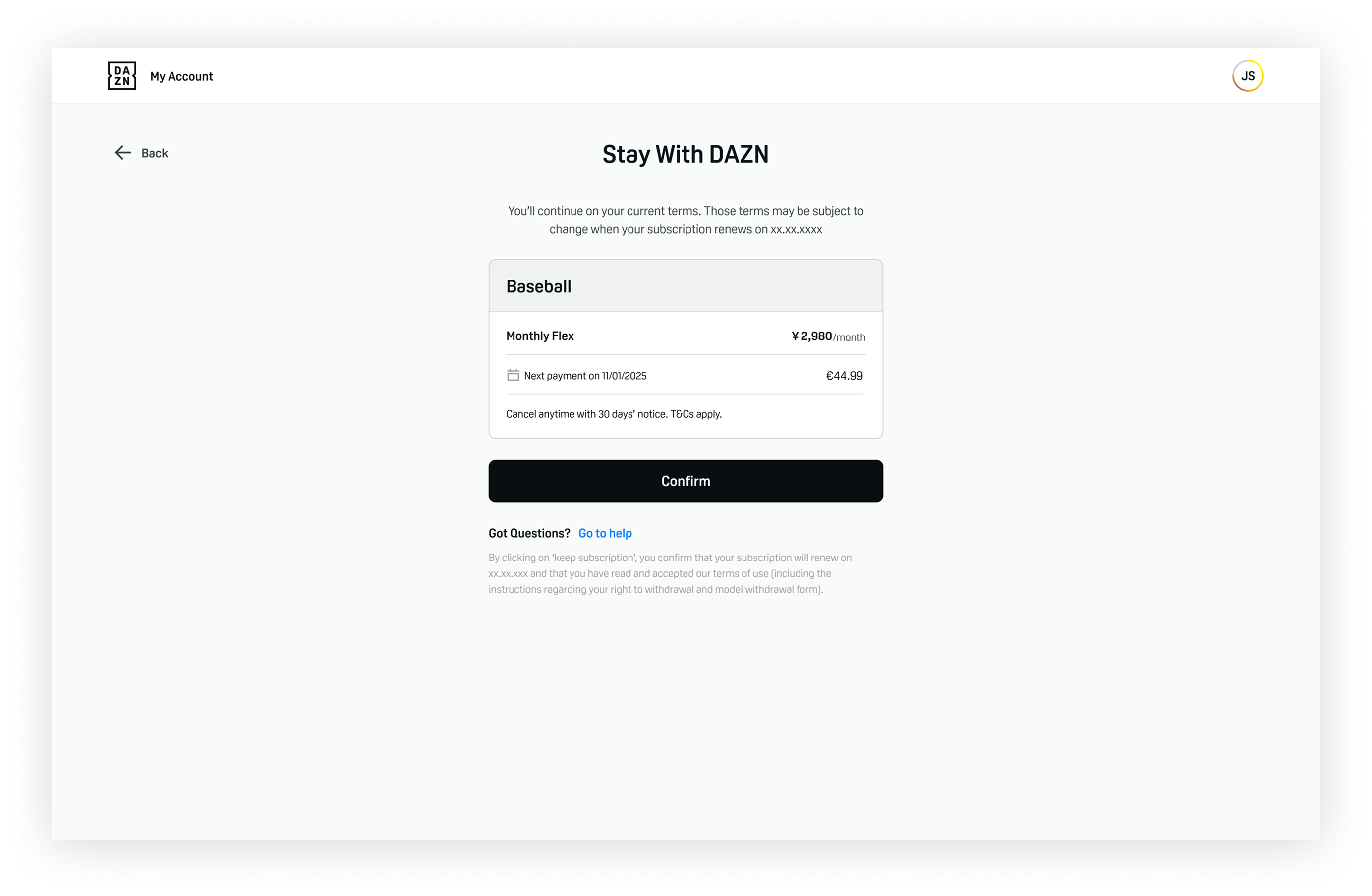 The Stay with DAZN screen for a lower-tier subscriber, offering the plan with an extra payment for the tournament
