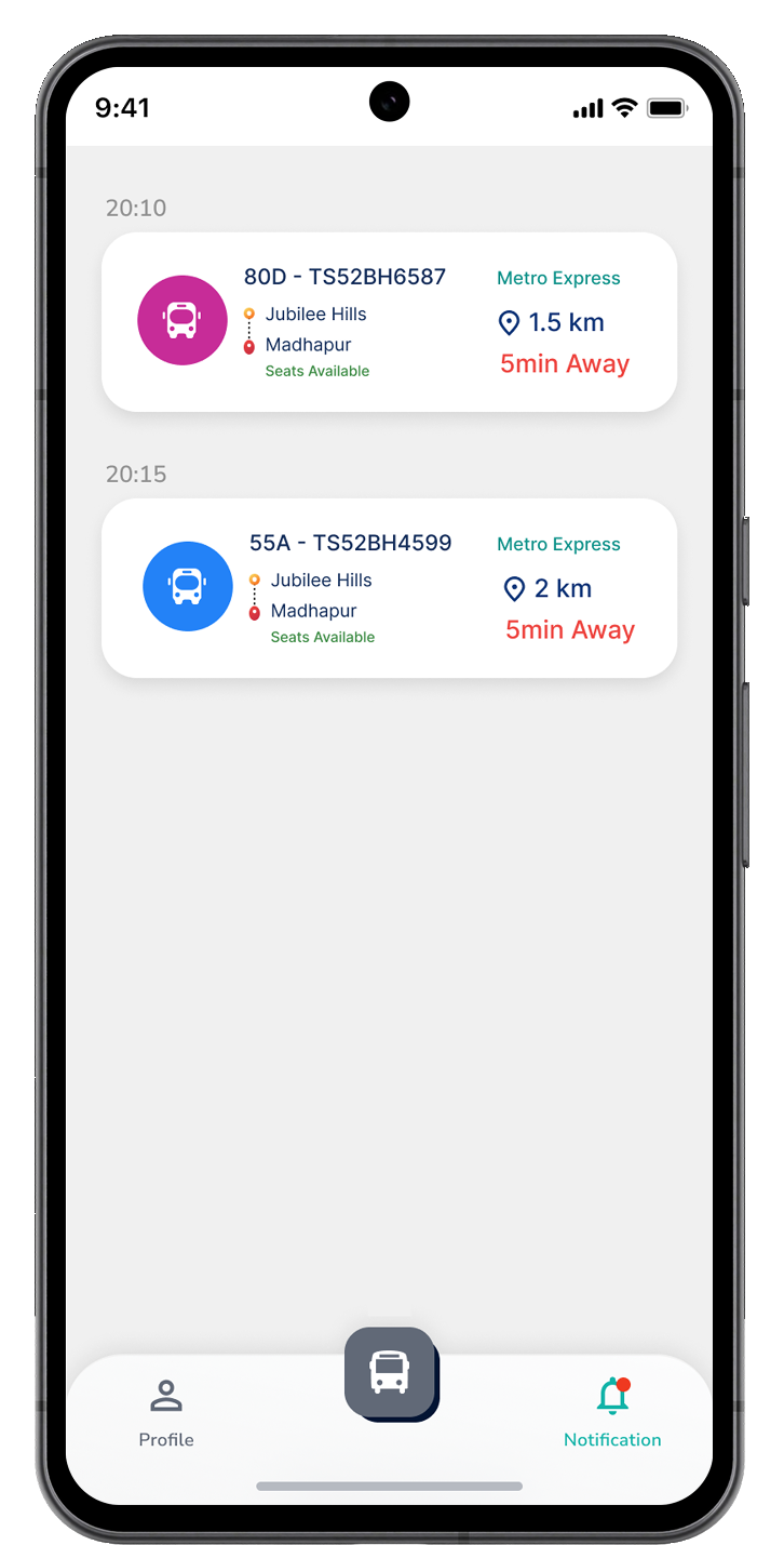 A notifications screen listing two buses, 80D and 55A, each with vehicle number, route, distance away and minutes until arrival